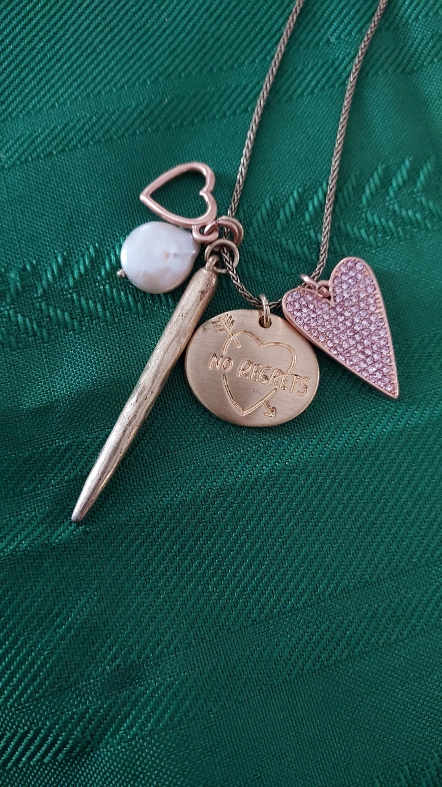 7314 Lucky brand Gold tone long Heart CZ “no Regrets” pendant necklace 26-30″