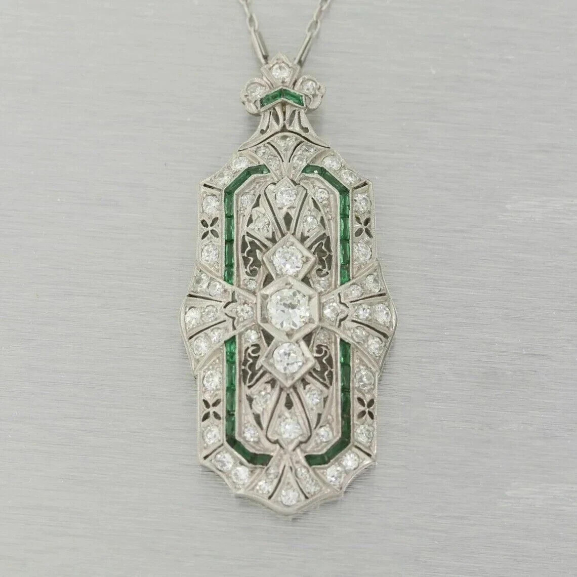 3Ct Art Deco Style Lab Created Diamond & Emerald Enagagement 925 Silver Pendant