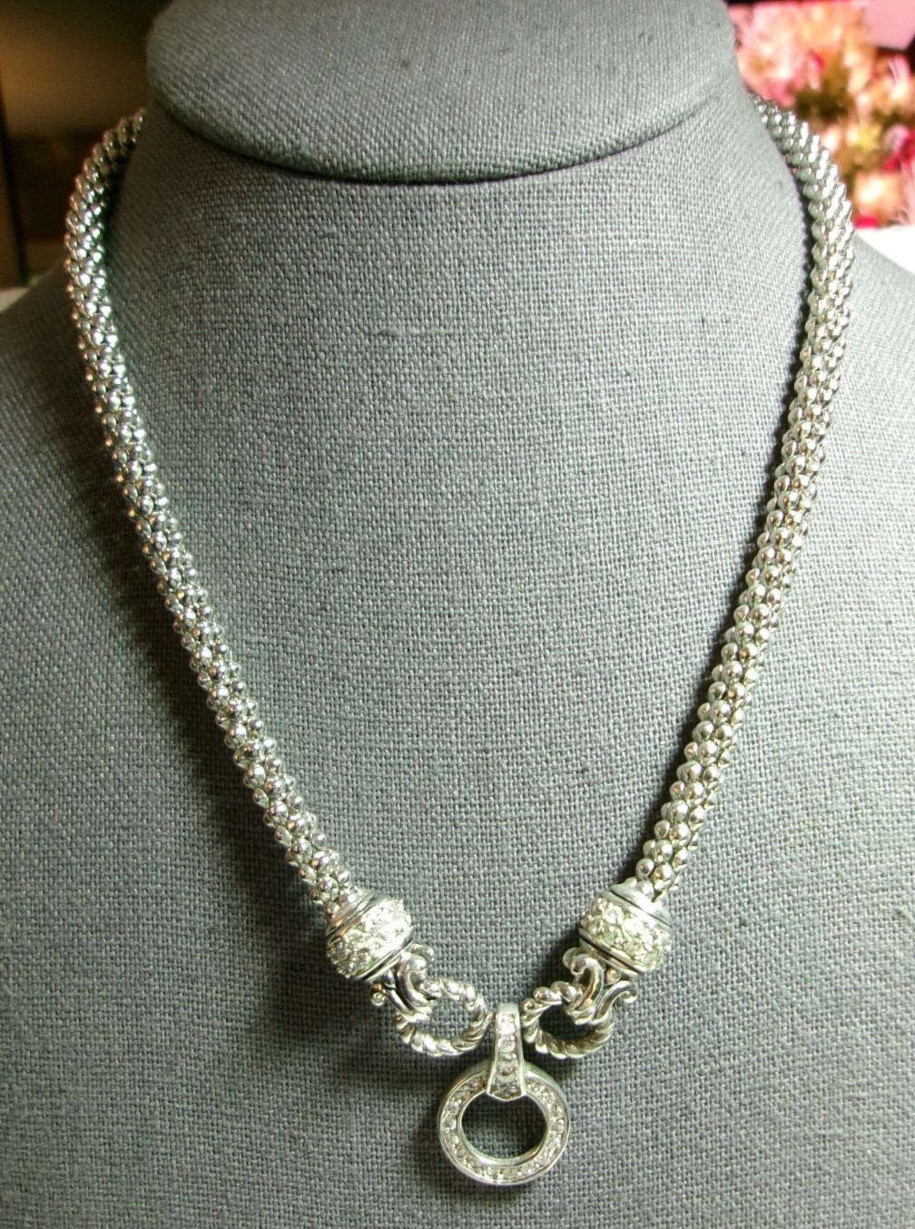 PLATED PLATINUM POPCORN STYLE CHAIN RHINESTONE DROP NECKLACE HEART HANGTAG “PL”