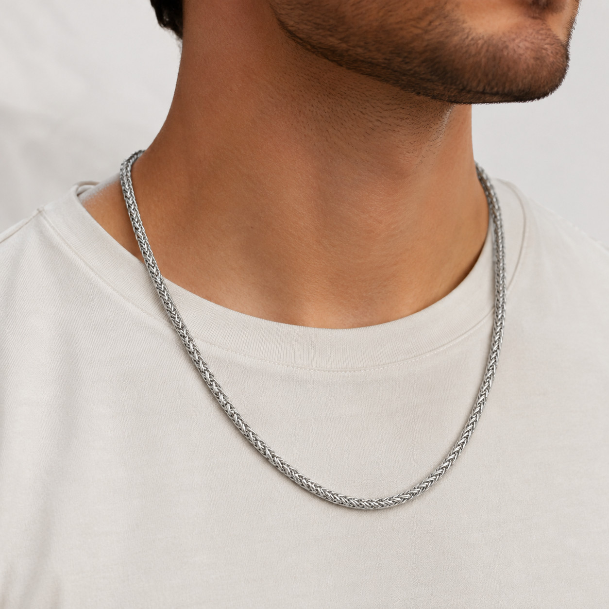 8mm Braided Wheat Chain Necklace 24in Stainless Steel Men Women Silver Tone