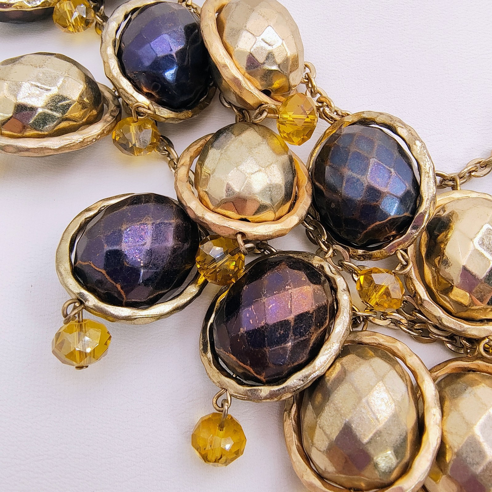Hammered Bead Bib Statement Necklace Gold Tone Plum Purple Chunky Maximalist