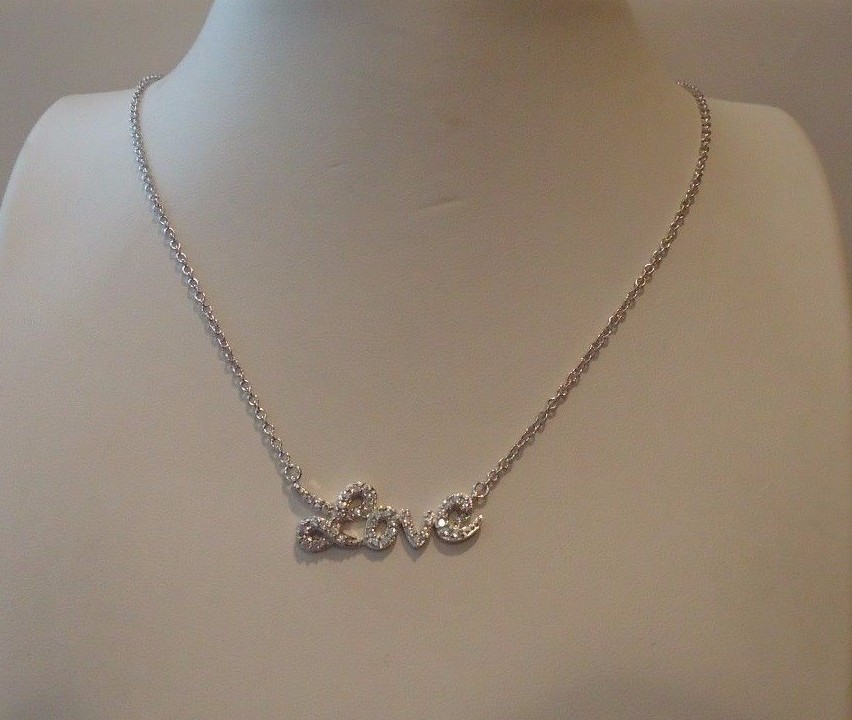 WORD LOVE NECKLACE PENDANT 1 CT LAB CREATED DIAMONDS 925 STERLING SILVER