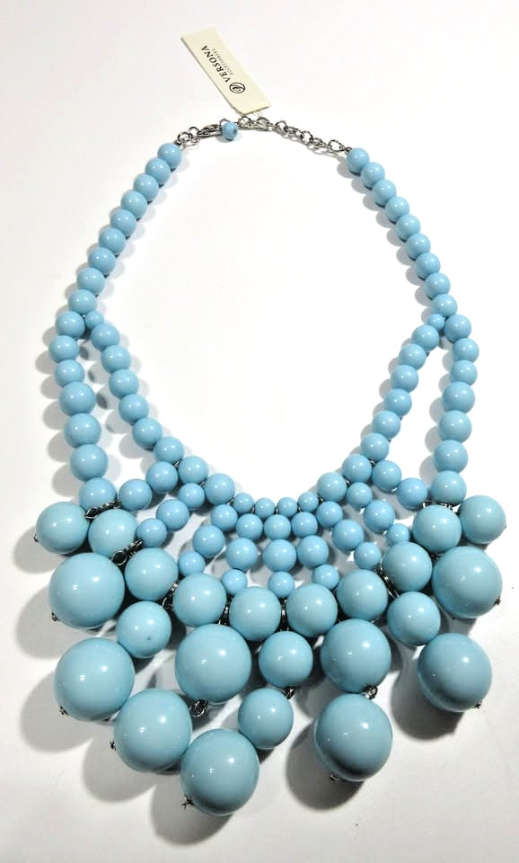 NEW 22″ LIGHT BLUE HEAVY BIB BEAD STATEMENT STRAND NECKLACE ROUND LINK SILVER TN