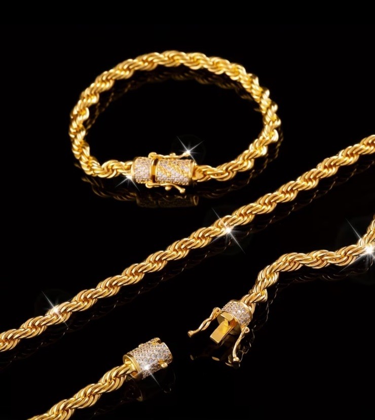 2 Pcs of Men’s Fashion Jewelry, 18K Gold-Plated & Zirconia 6mm 23.62in/7.48 inch