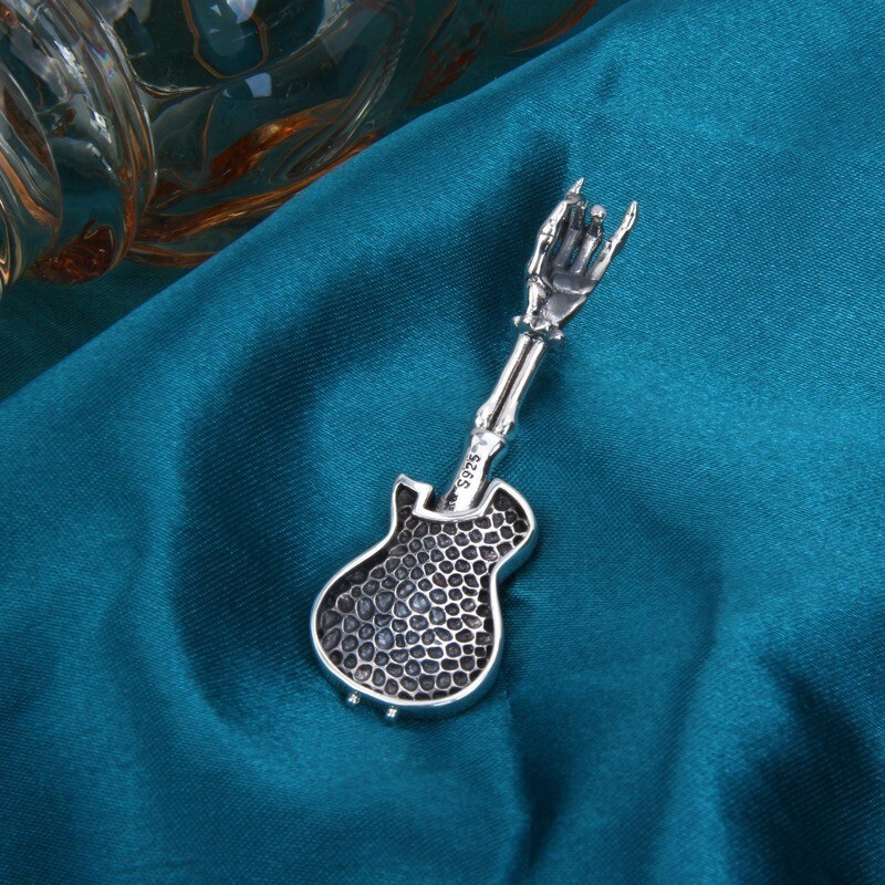 Rock and Roll Hand Skeleton Skull Guitar Music Punk Pendant 925 Sterling Silver