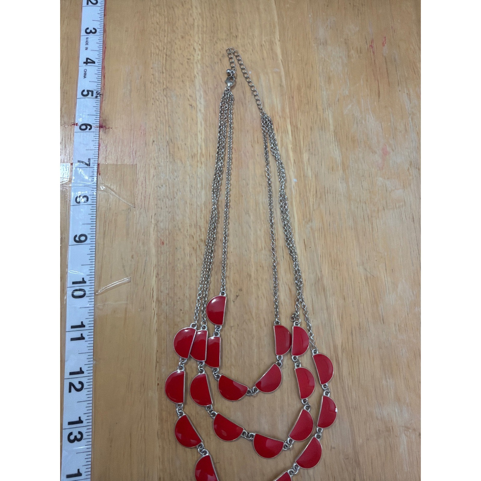 Red Enamel Layered Statement Necklace Silver Tone 3 Strand Geometric Semi Circle