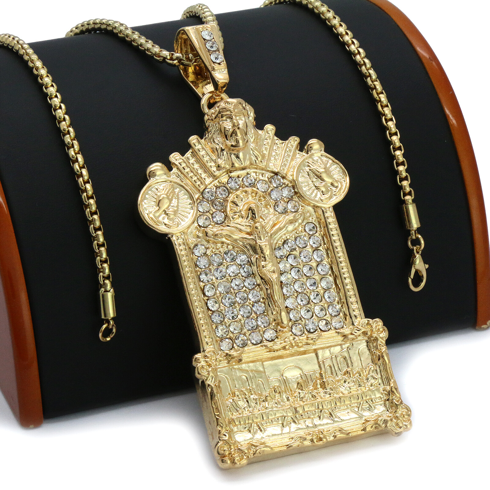 14k Gold Plated XL Last Supper Jesus Temple Pendant Cubic-Zirconia 24″ Box Chain