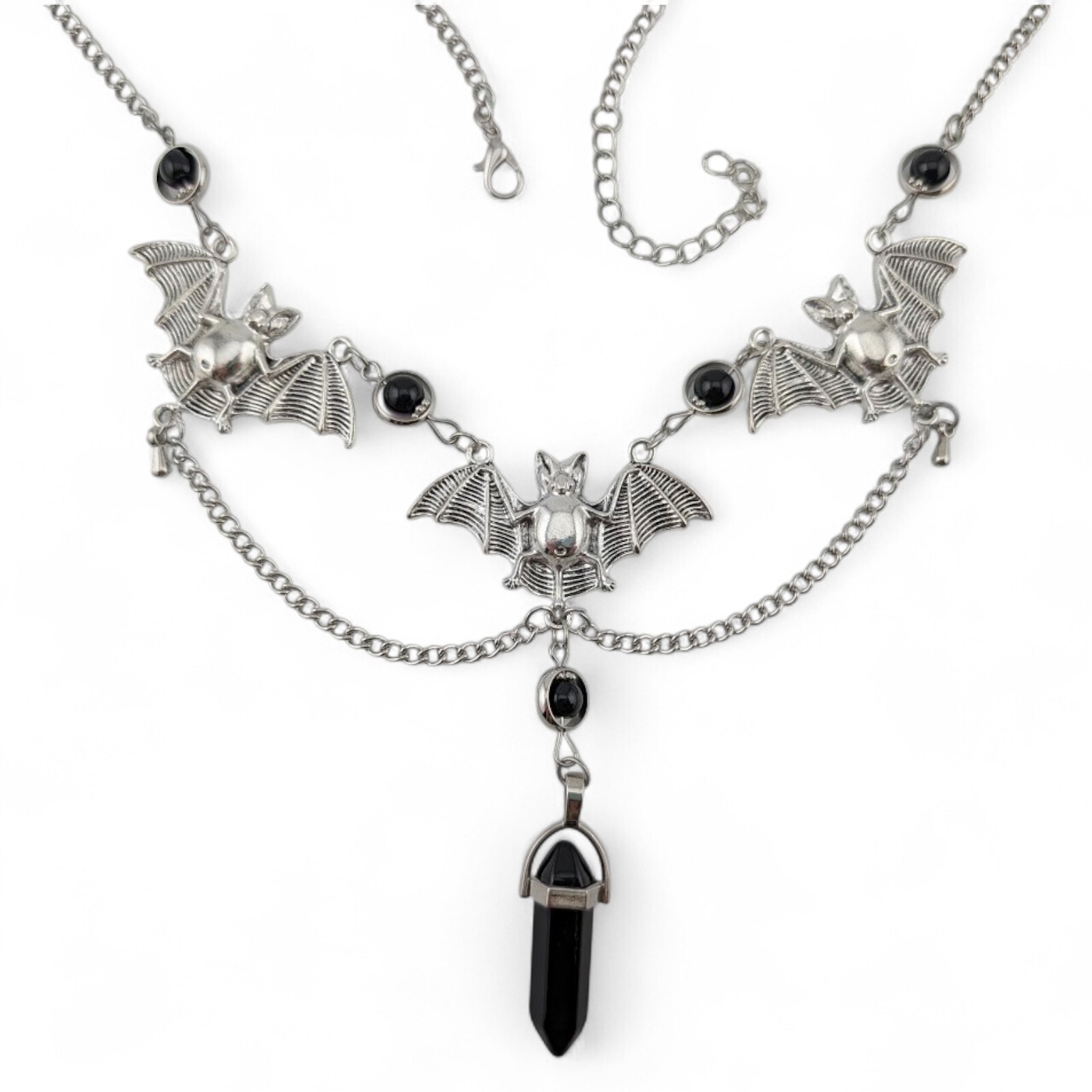 SILVERTONE VAMPIRE BAT BIB NECKLACE black beads chain choker gothic halloween R2