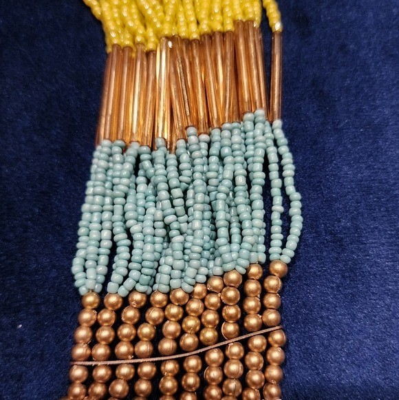 ALDO 1990s Multi Strand Statement Beaded Necklace Gold Blue Yellow Tribal Style