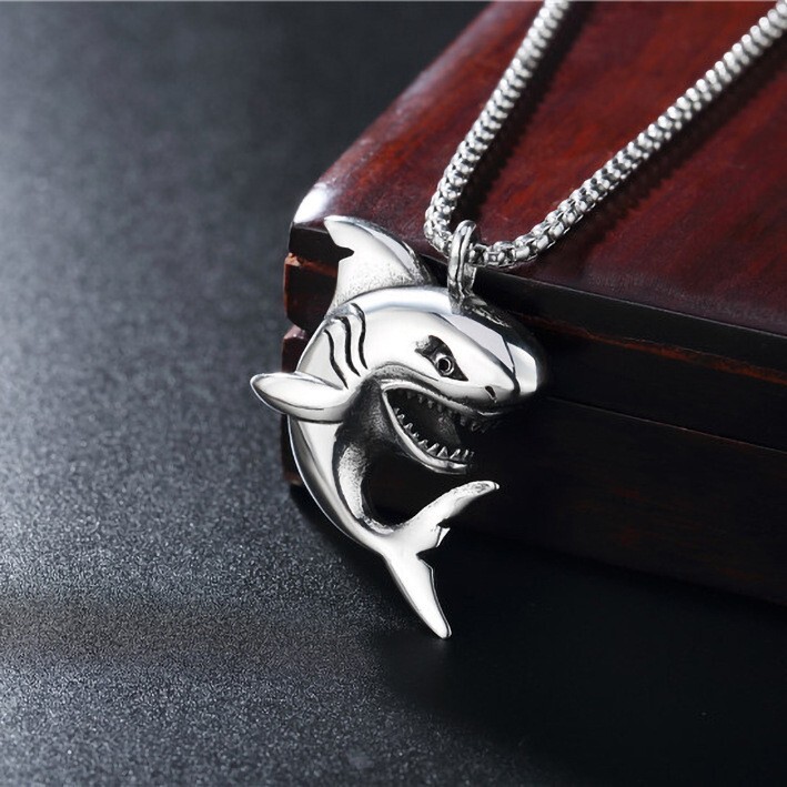 Mens Boys Girls Shark Fish Pendant Necklace Stainless Steel Chain Set