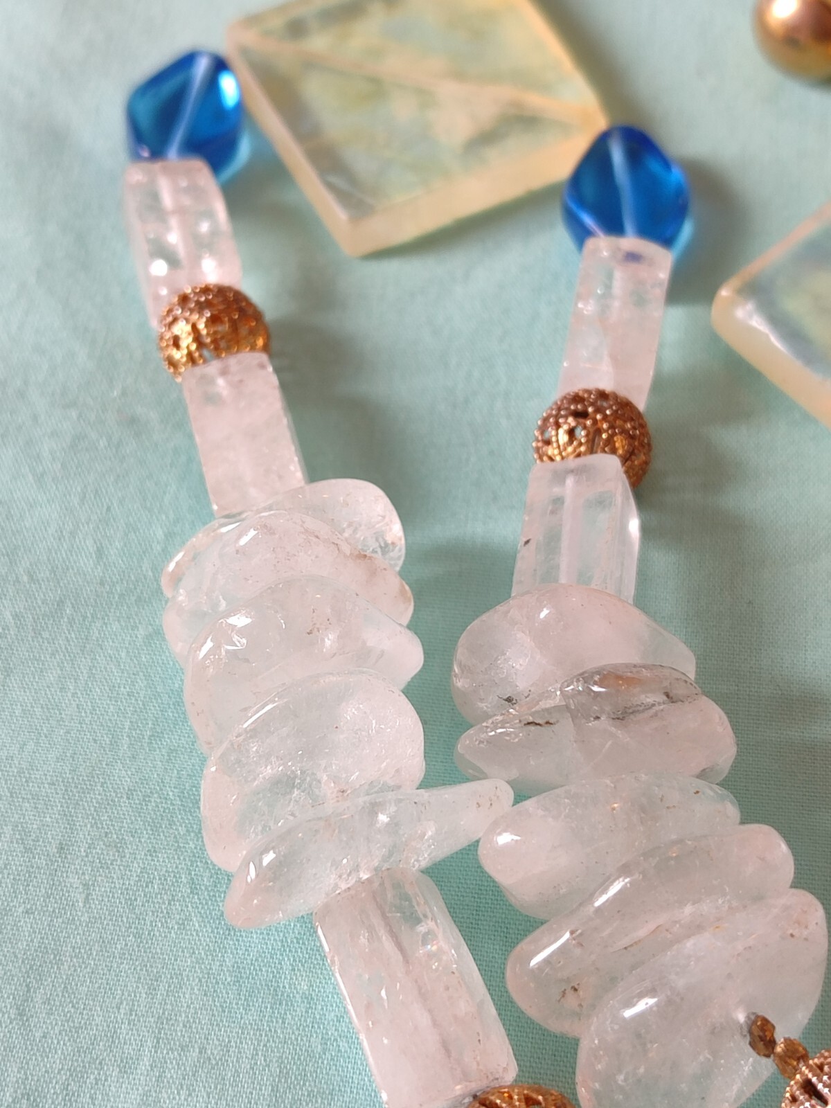 Boho Chunky Rock Quartz & Art Glass Necklace With Matching Earrings 27 In