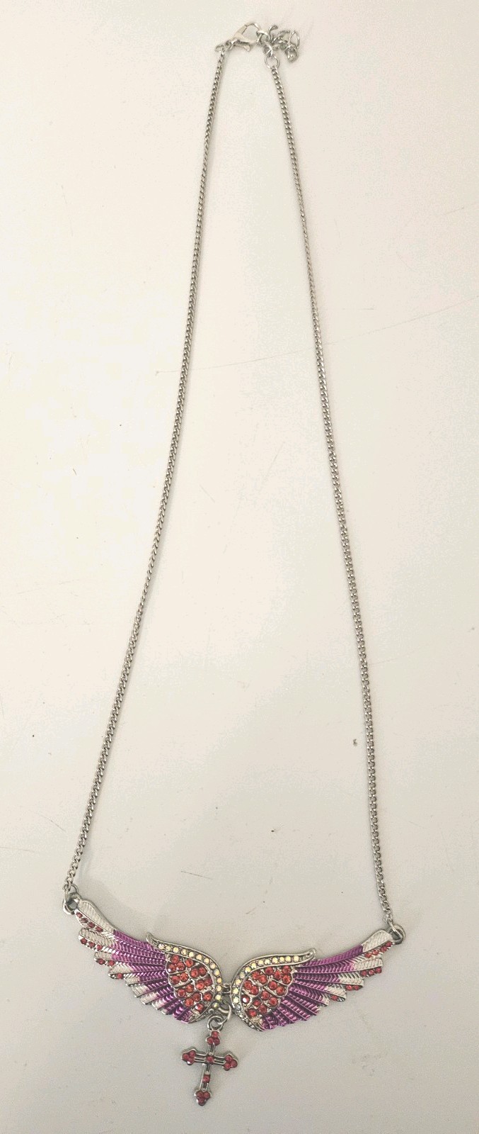 Angel Wings Cross Necklace Pink Rhinestone Silver Tone Statement Pendant Chain