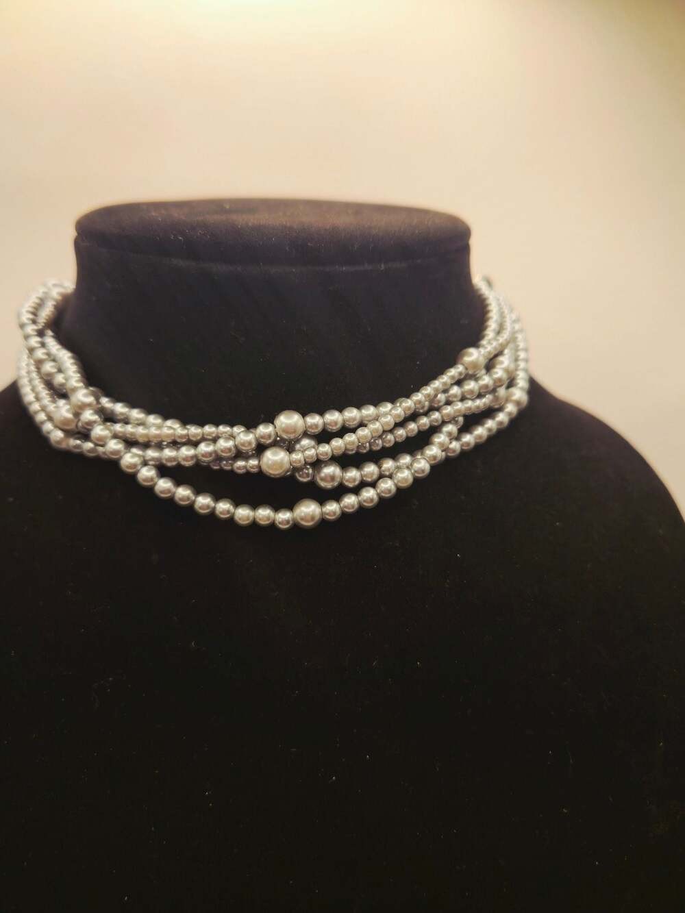 Multi-Strand Grey Faux Pearl Choker Statement Necklace