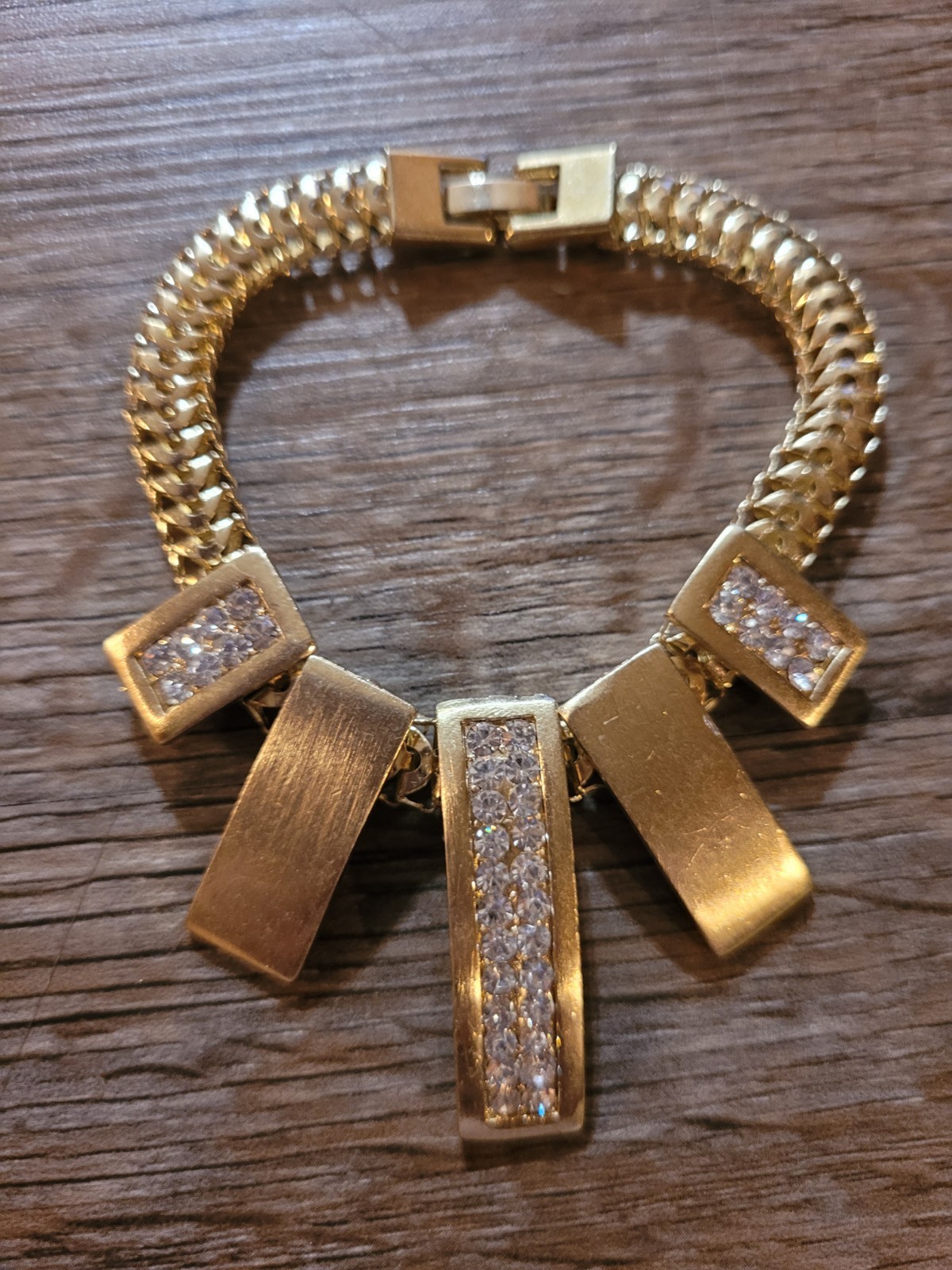 Gold Tone Statement Bracelet Rhinestone Encrusted Panels Heave Chain Fold Over