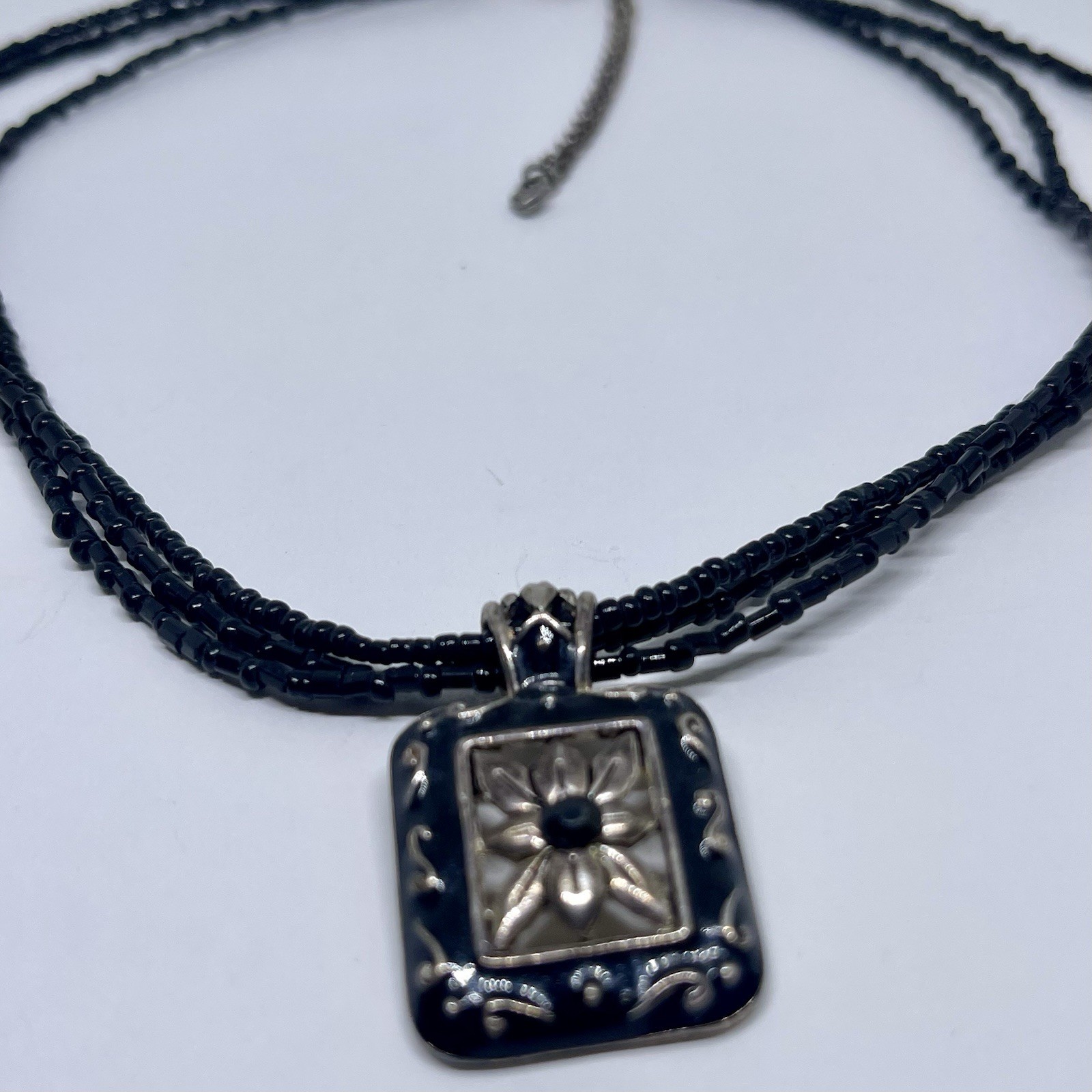 Lady Remington Black Enamel Flower Pendant Gold Wash Tone Black Bead Necklace