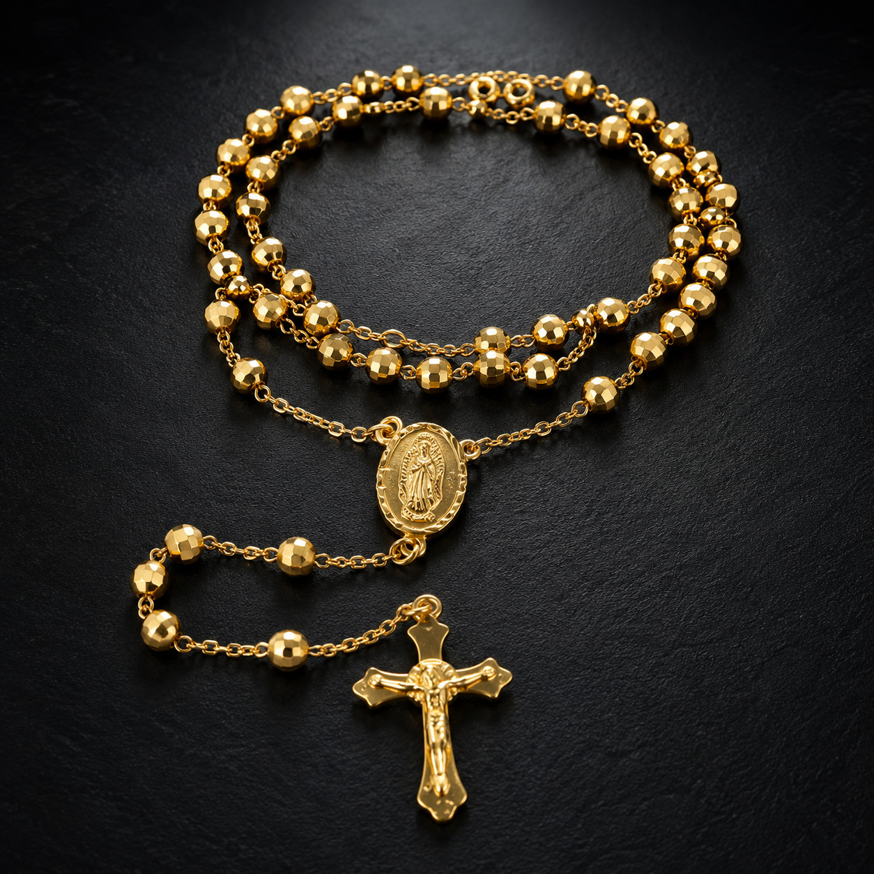 HEIRLOOM 18K GOLD PLATED ROSARY | RARE 24″ CRUCIFIX & VIRGIN MARY BEADED CHAIN