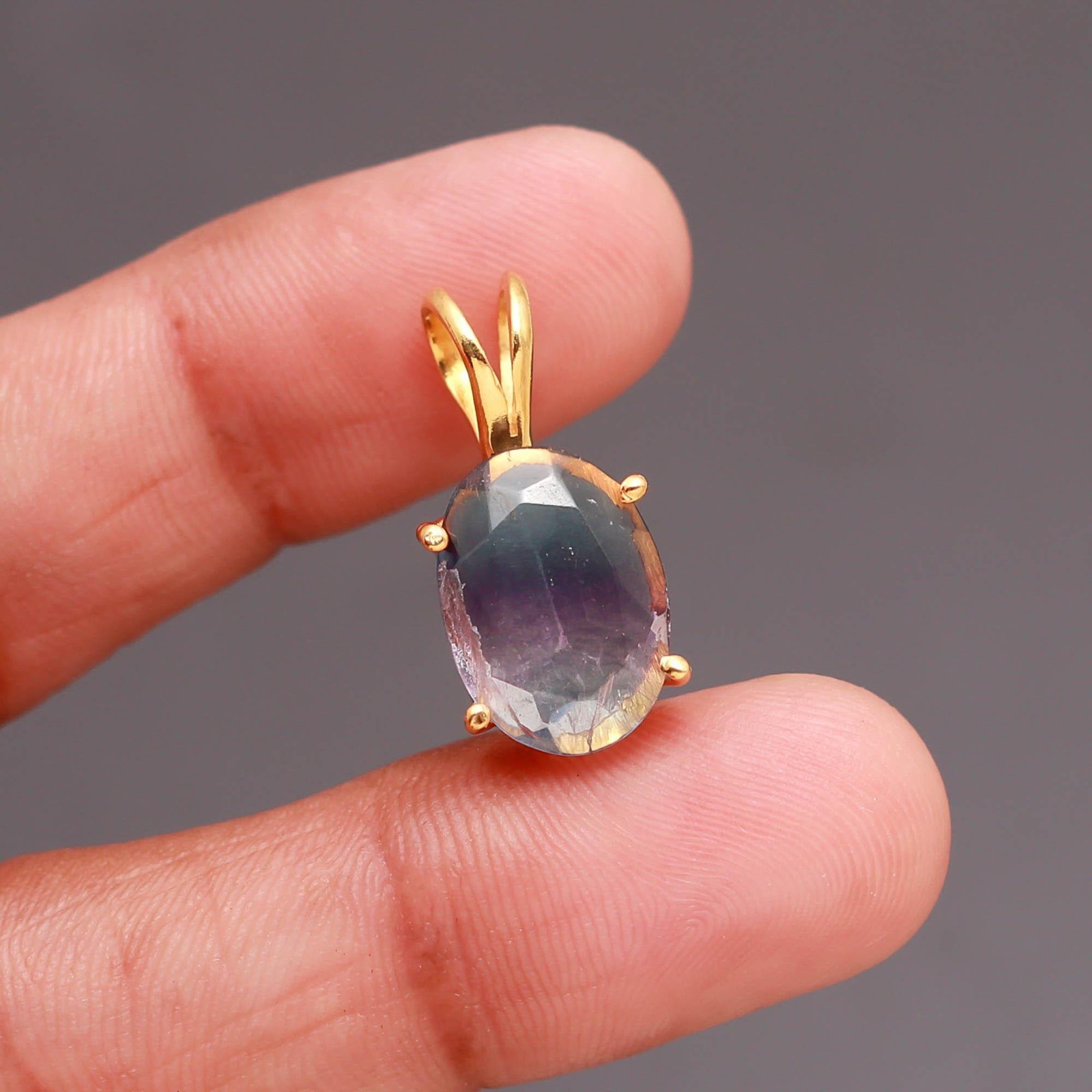 Natural Fluorite Oval Chain Pendant Gold Fill 925 Sterling Silver Unique Jewelry
