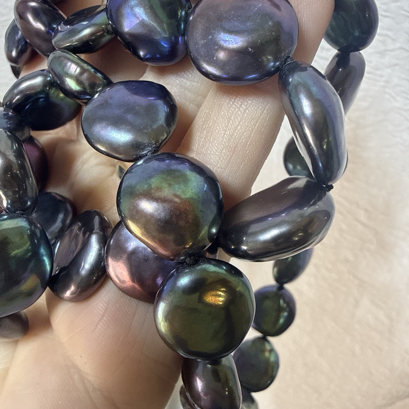 Honora Pearl Necklace Oil Slick Peacock Blue Purple Coin 36″ Chunky Modern