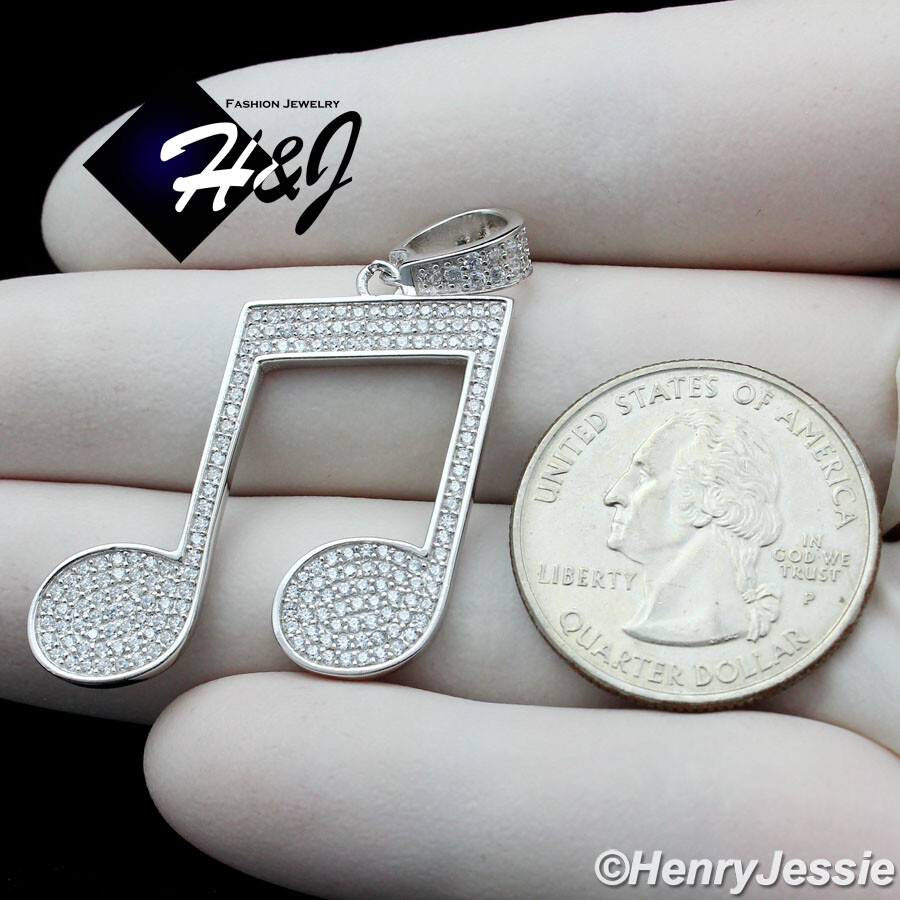 MEN WOMEN SOLID 925 STERLING SILVER ICY BLING CZ 3D MUSIC NOTE PENDANT*SP281