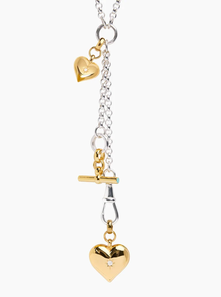 Rolo Chain layered Necklace Brass Metal heart and T-bar charm necklace for gift
