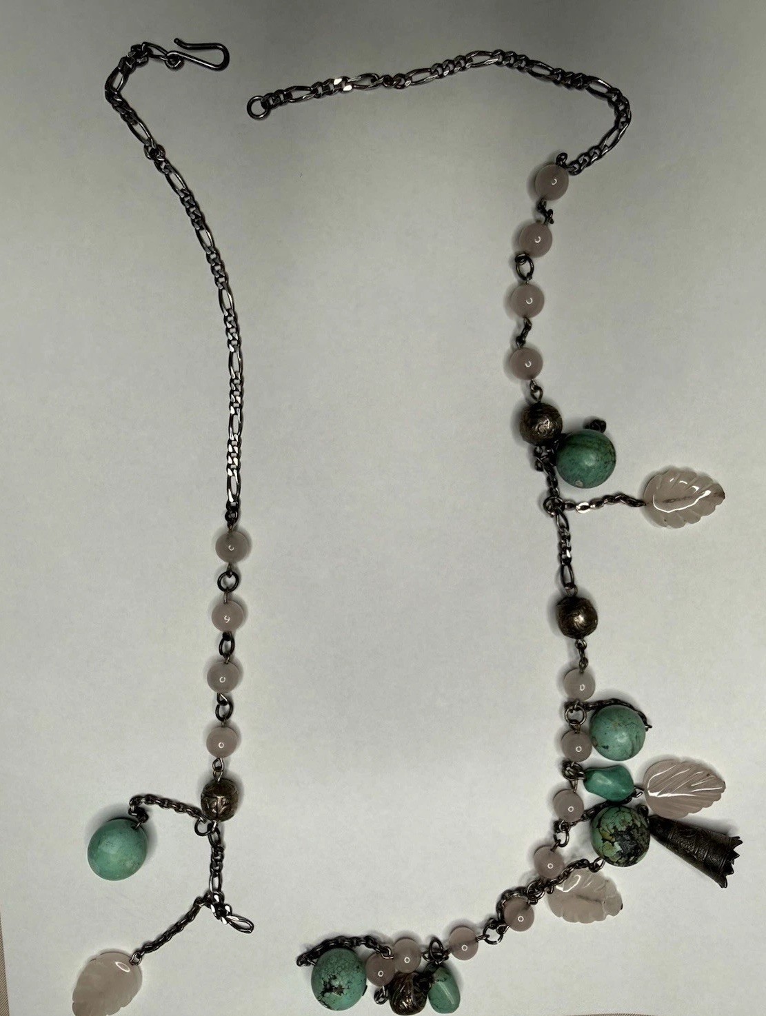Artisan Turquoise Color Pink Leaf Charm Lariat Necklace Silver Tone Repair