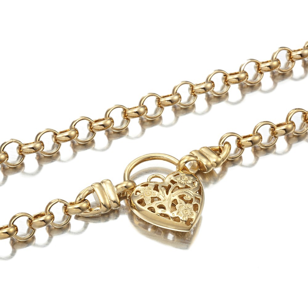 18K GL Solid Belcher Yellow Gold Necklace with Filigree Heart Padlock