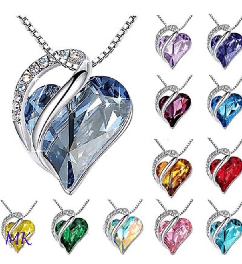 Birthstone Crystal Heart Shape Pendants Stainless Steel Necklace Women Girls