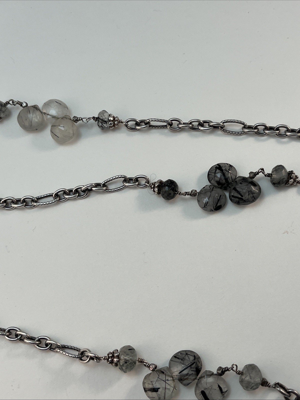 Silver Tone Black/Clear Rutilated Quartz Station Chain Necklace 46″