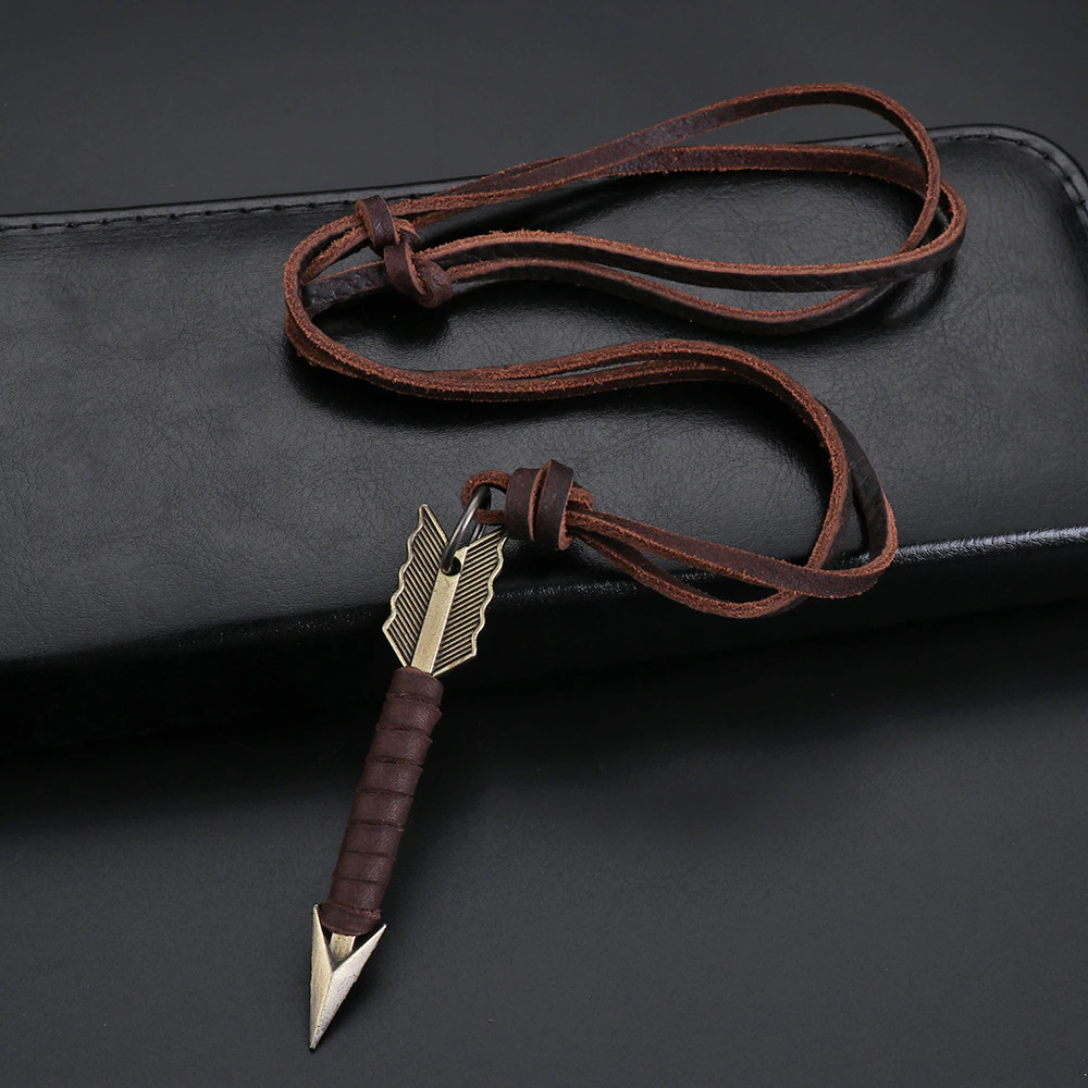 Men’s Fashion Jewelry Vintage Brown Leather Arrow Pendant Necklace 1-152