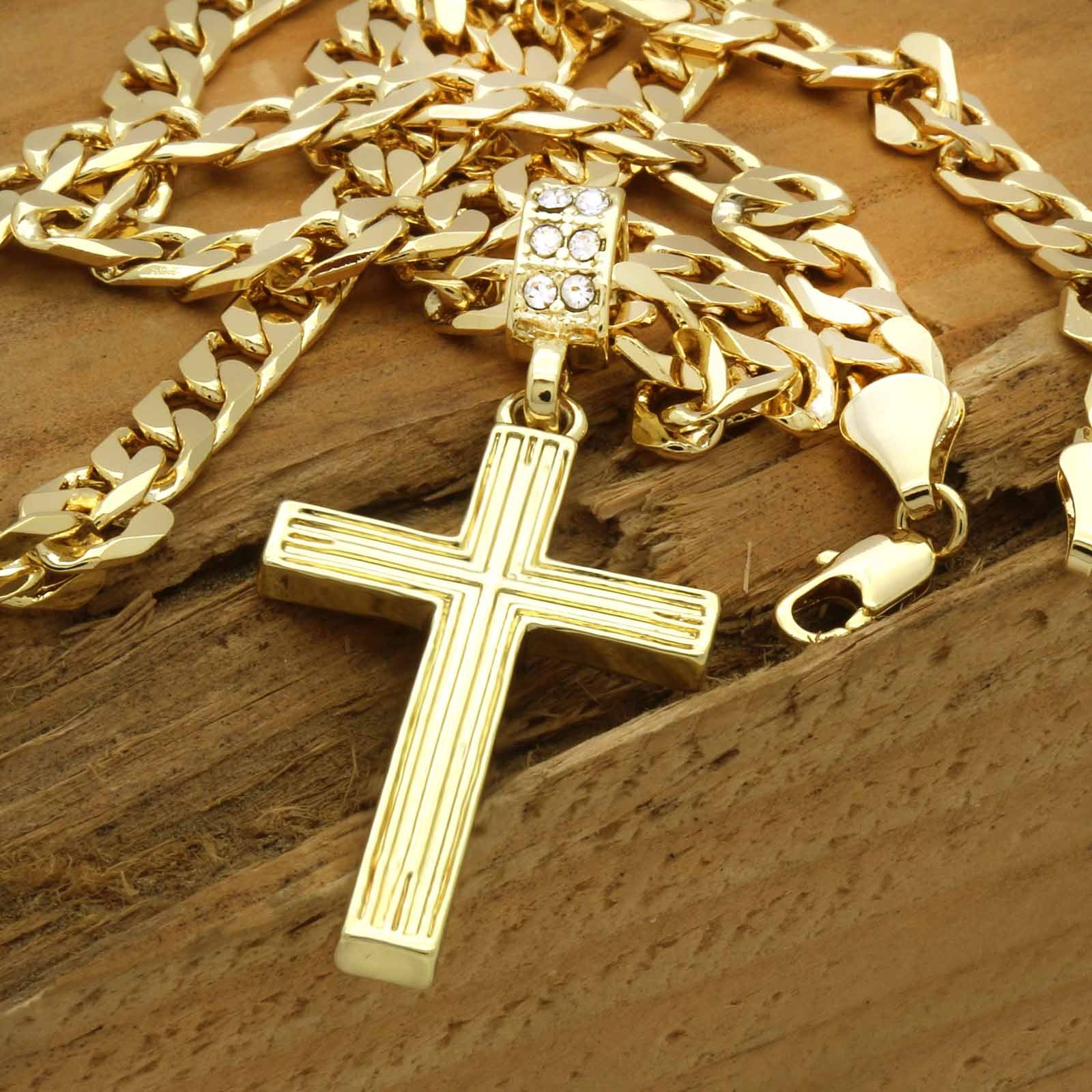 Men’s 14k Gold Plated Flat Miami Cuban chain Necklaces on Two Cross Pendant 12
