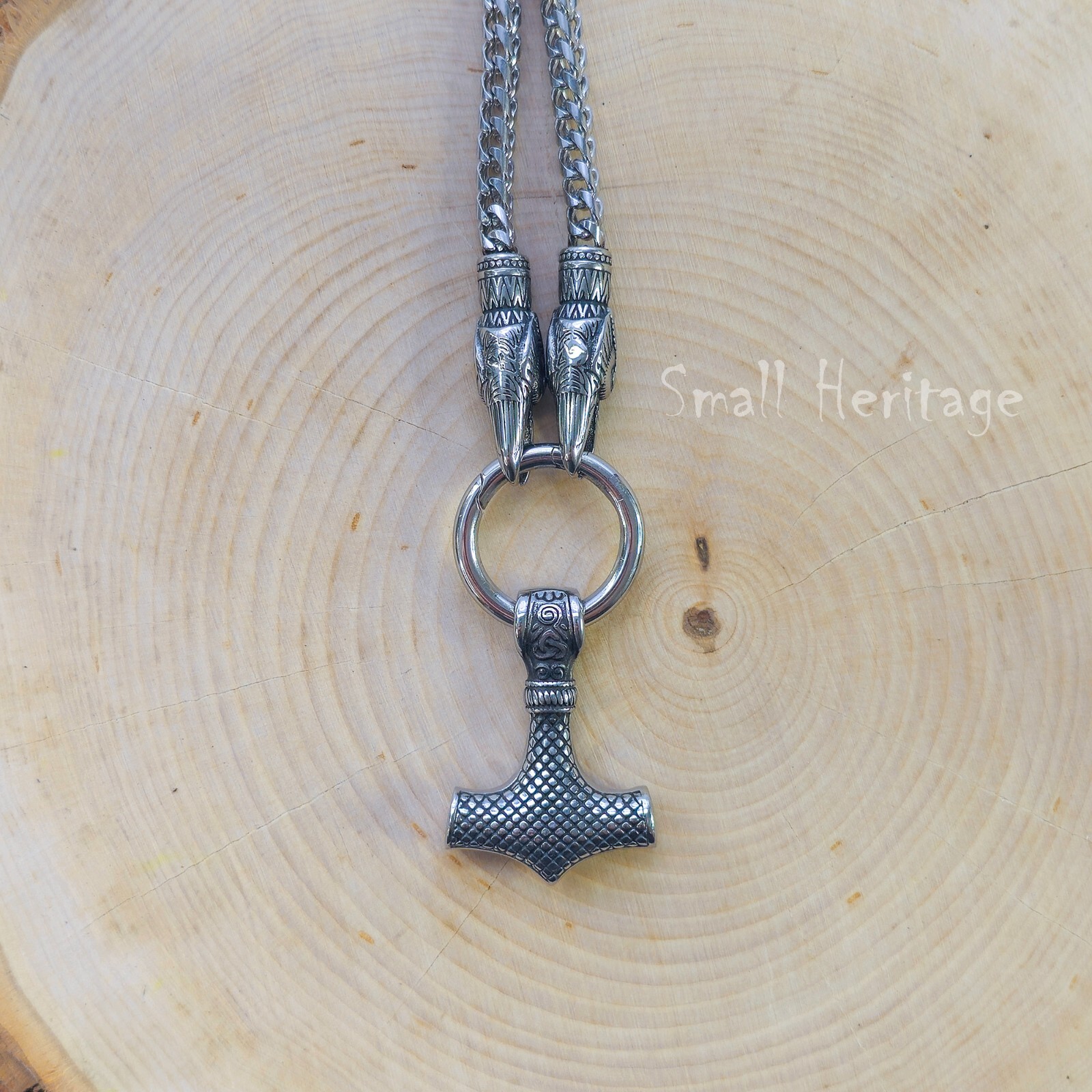 Viking Ravens Necklace Stainless Steel Hammer Mjolnir Pendant Huginn and Muninn