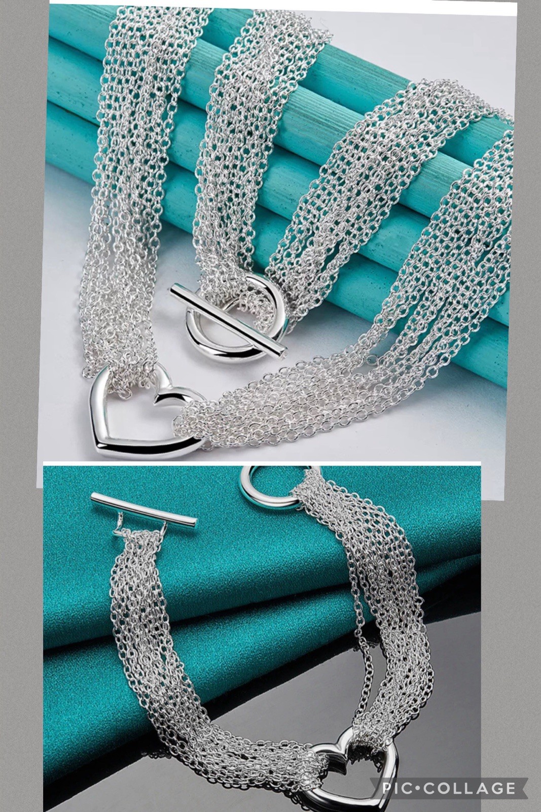.925 Sterling Silver Multi-Thin 17.5 in Necklace Heart 8” Bracelet Wht GdToggle