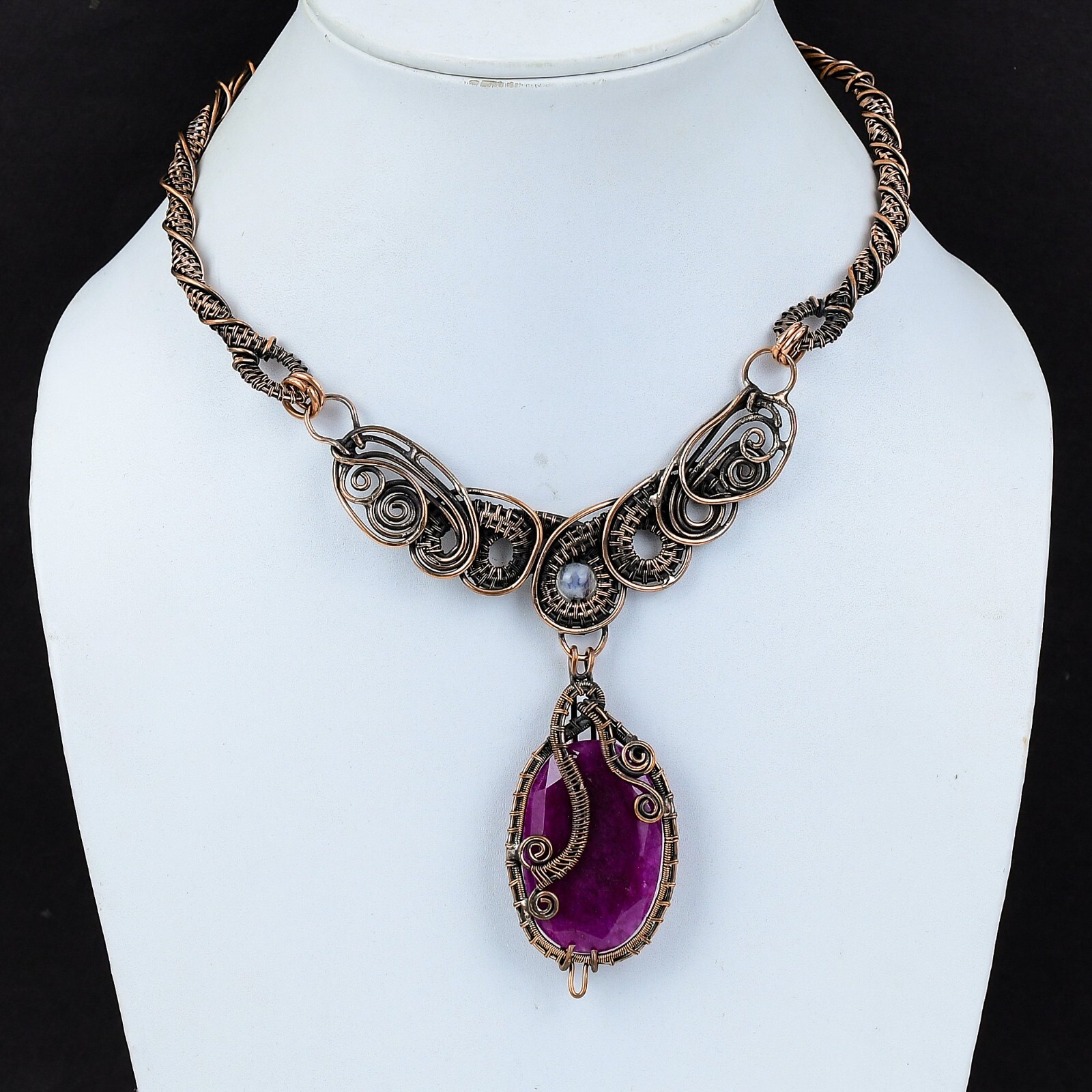 Wire Wrapped Necklace Designer Gemstone Jewelry Handcrafted Copper Holiday 18.0″