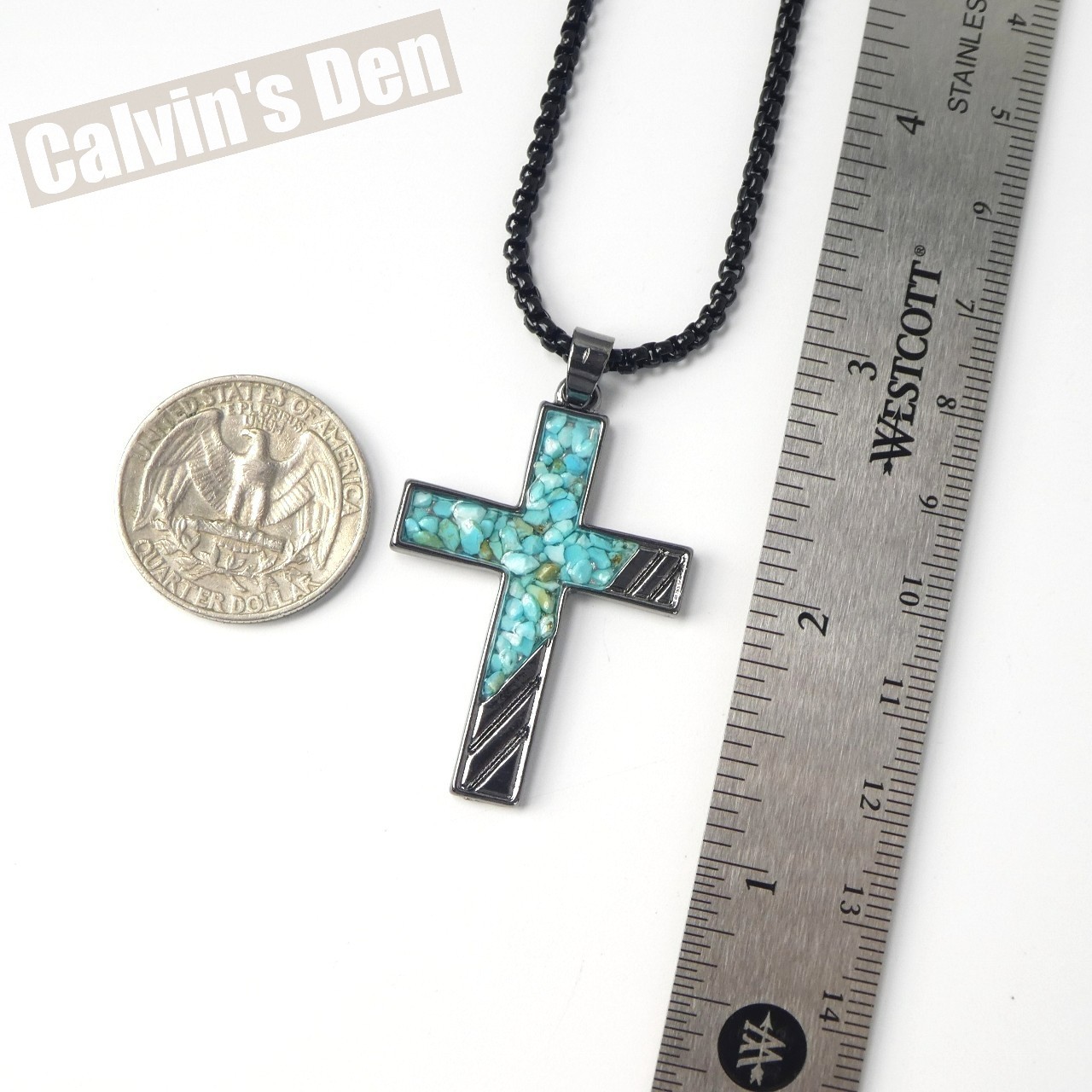 Turquoise Chip Inlay Cross Pendant Necklace Stripe Design Man Gift Modern