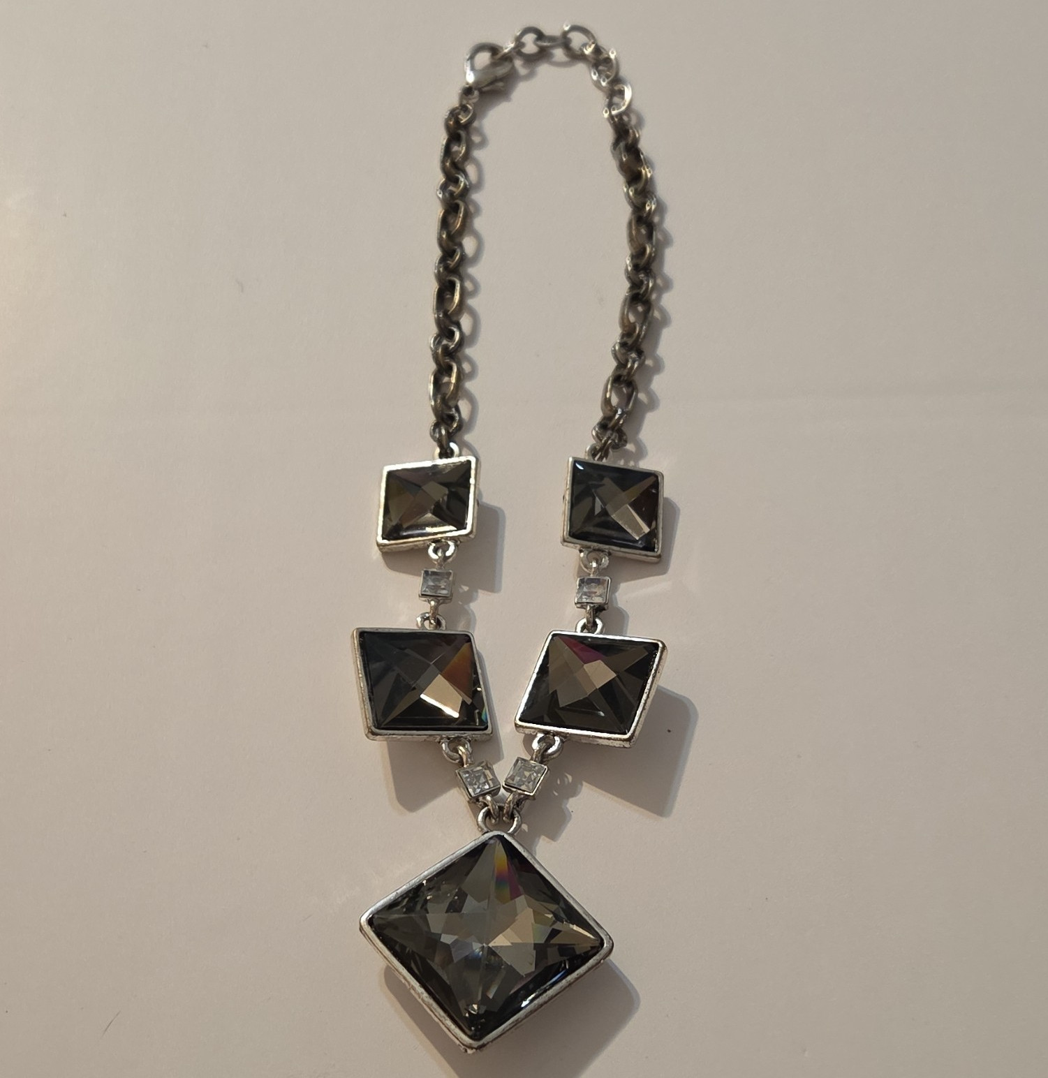 Silver Tone Cable Chain Necklace Lobster Adjustable Square Gray Crystal Bezel