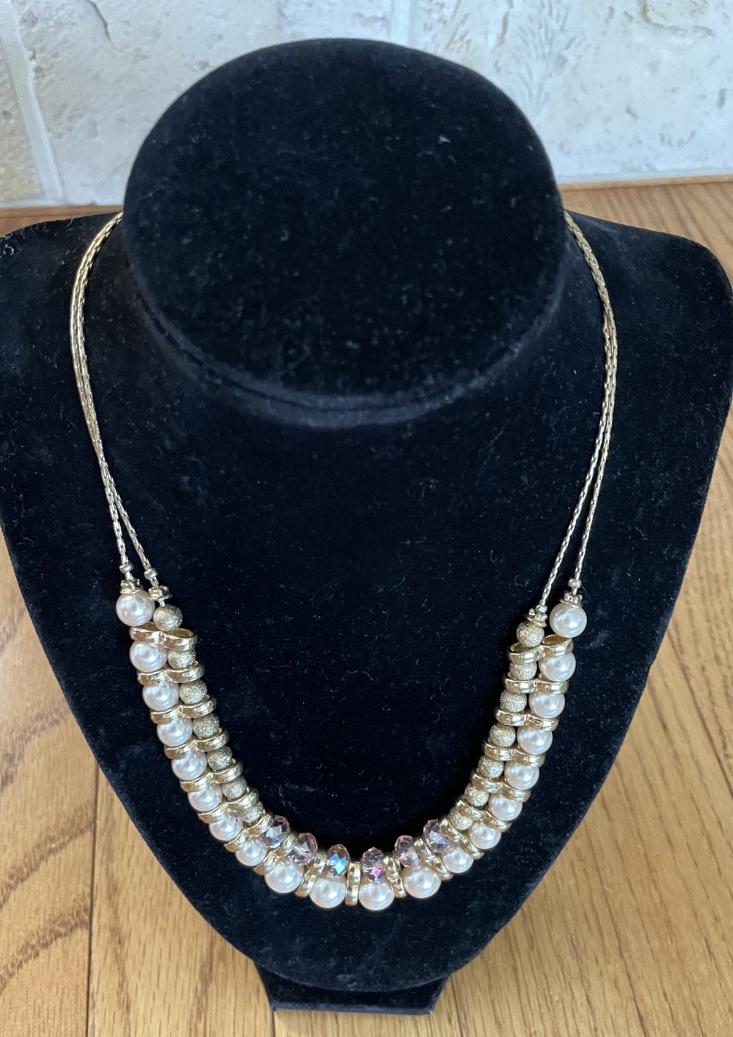 Vtg NY Faux Pearl & Rhinestones Double Strand Necklace 34-37″ w/ Extender