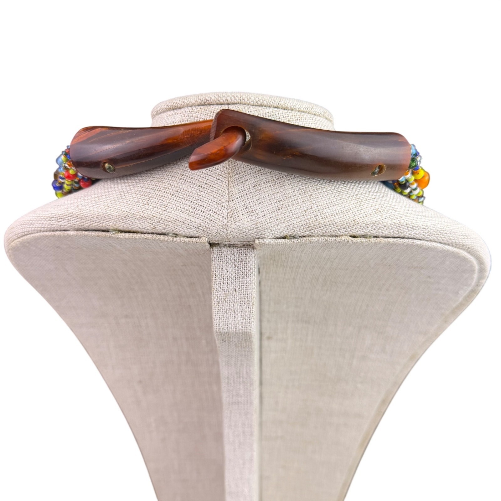 African Inspired Multicolor Glass Bead Statement Necklace Womens Wooden Clasp