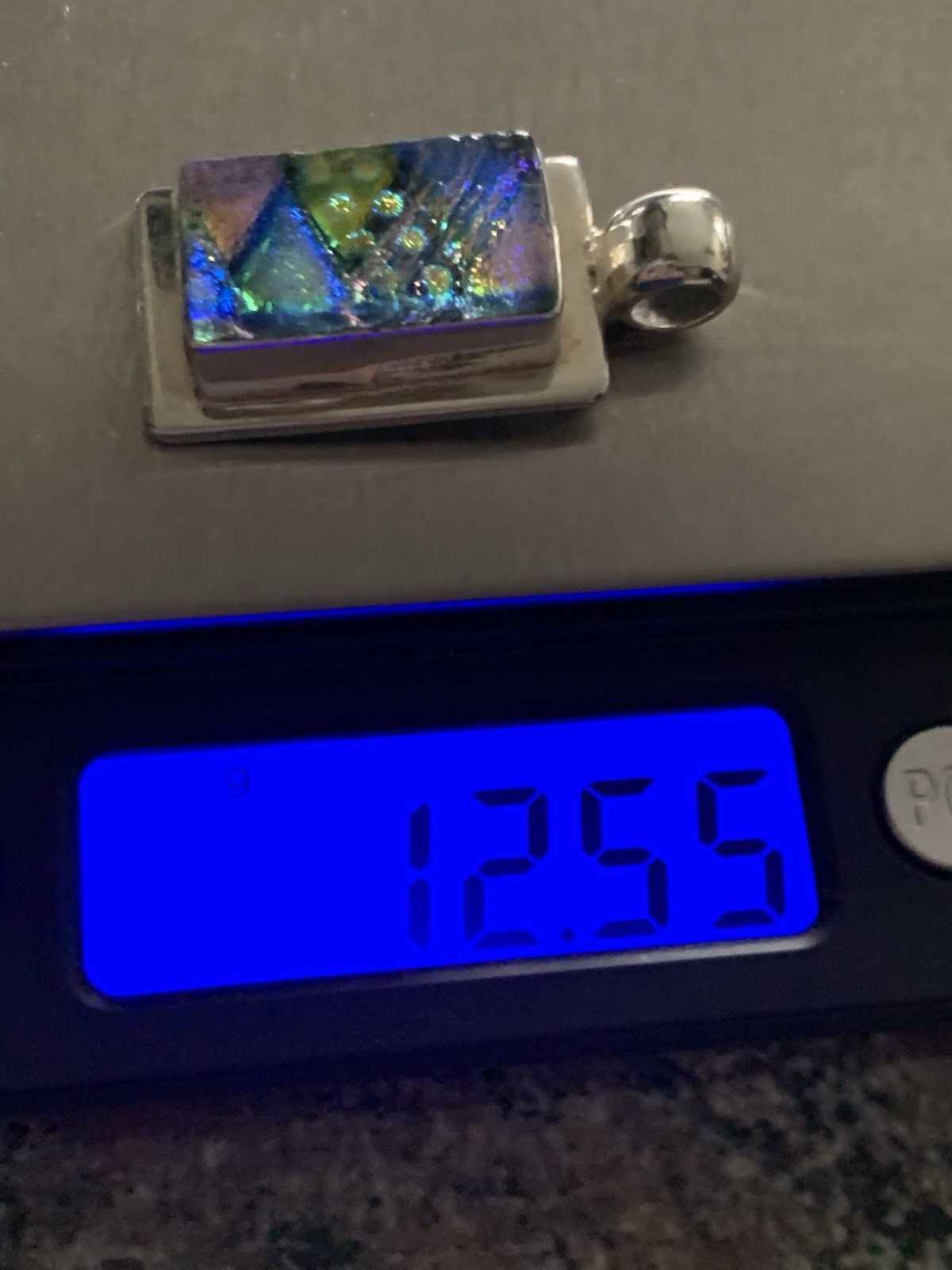 Vtg. Multi Color Dichroic Glass .925 Sterling Silver Pendant Rectangle- BinM