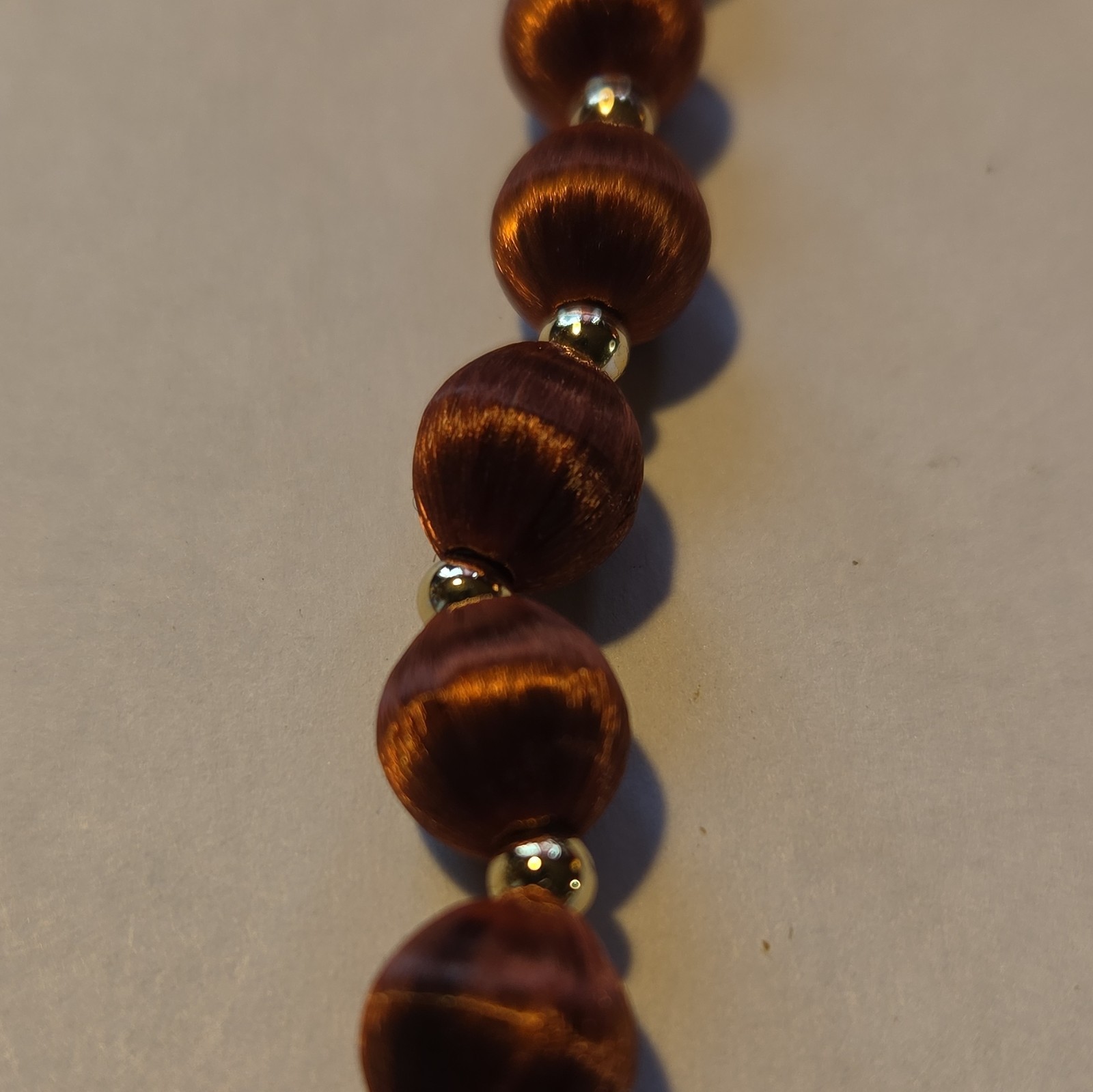 Brown Plastic Beaded Necklace, Round Beads with Gold Tone Spacer Beads