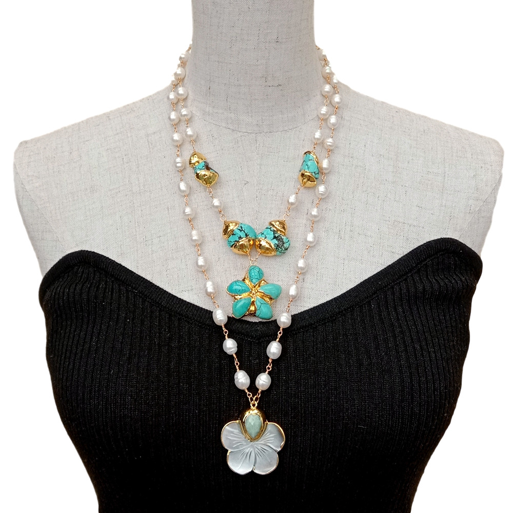 Cultured White Rice Pearl Blue Turquoise Necklace Shell Flower Pendant 19″