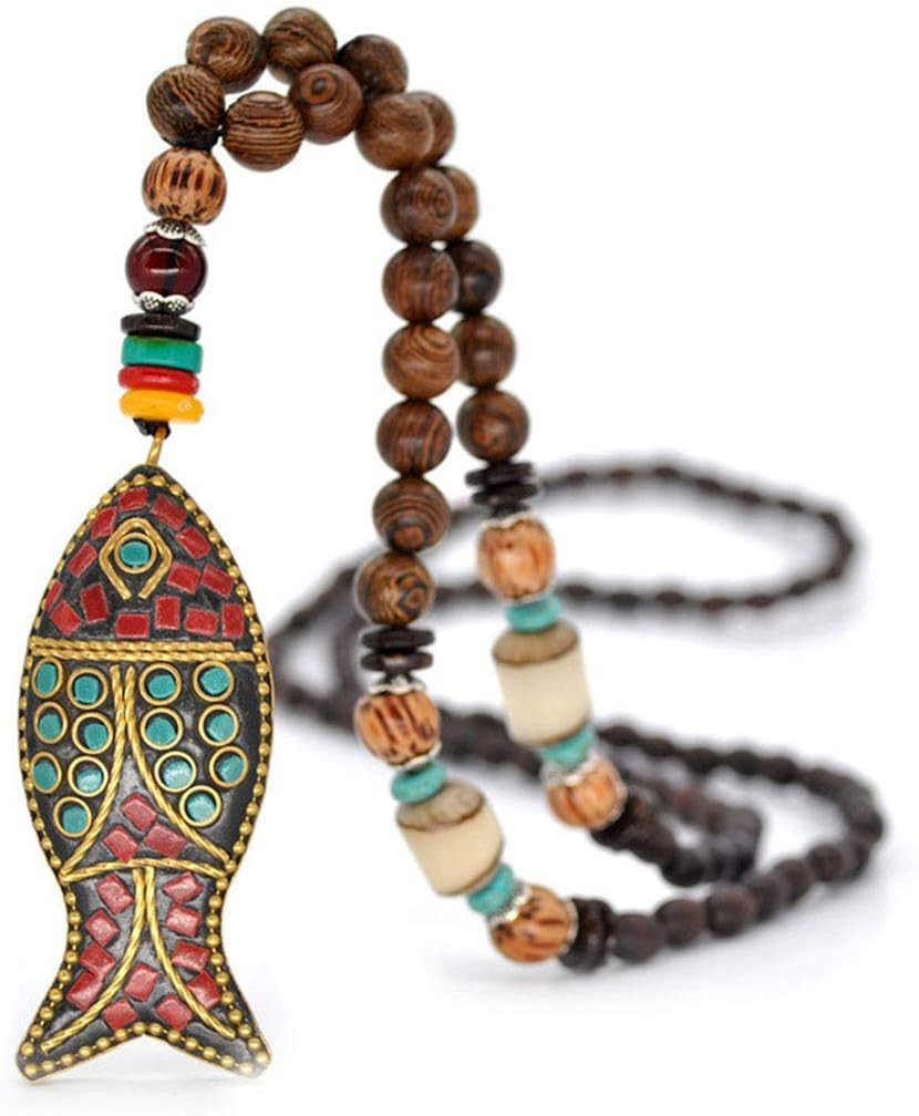 Vintage Long Necklace Handmade Turquoise Wood Beads Necklace for Women Fashion J