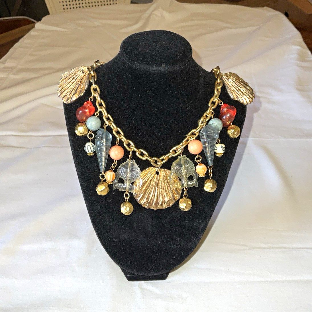 Vintage Gold Tone Cable Chain Charm Necklace Unique Sea Theme
