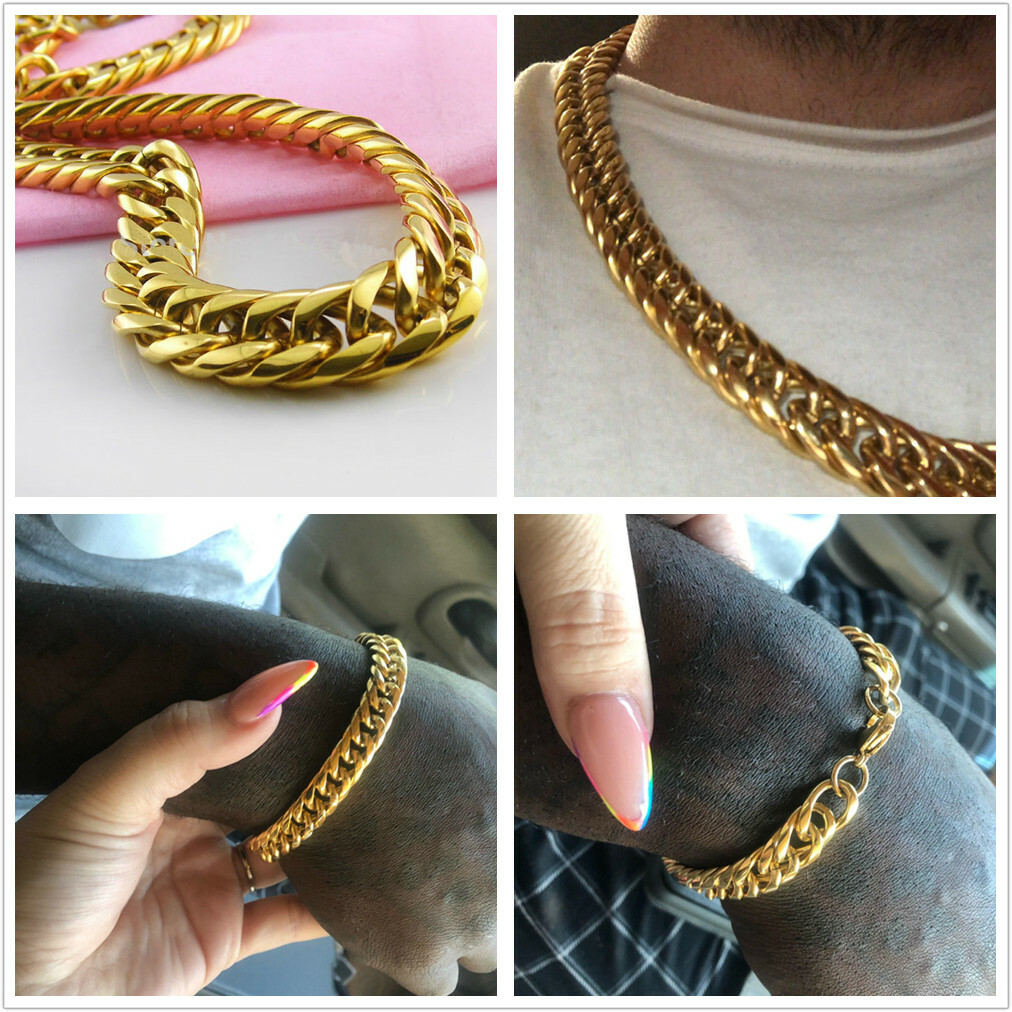 9/11/13/16/20mm Men’s Gold Plated Stainless Steel Curb Cuban Link Chain Necklace