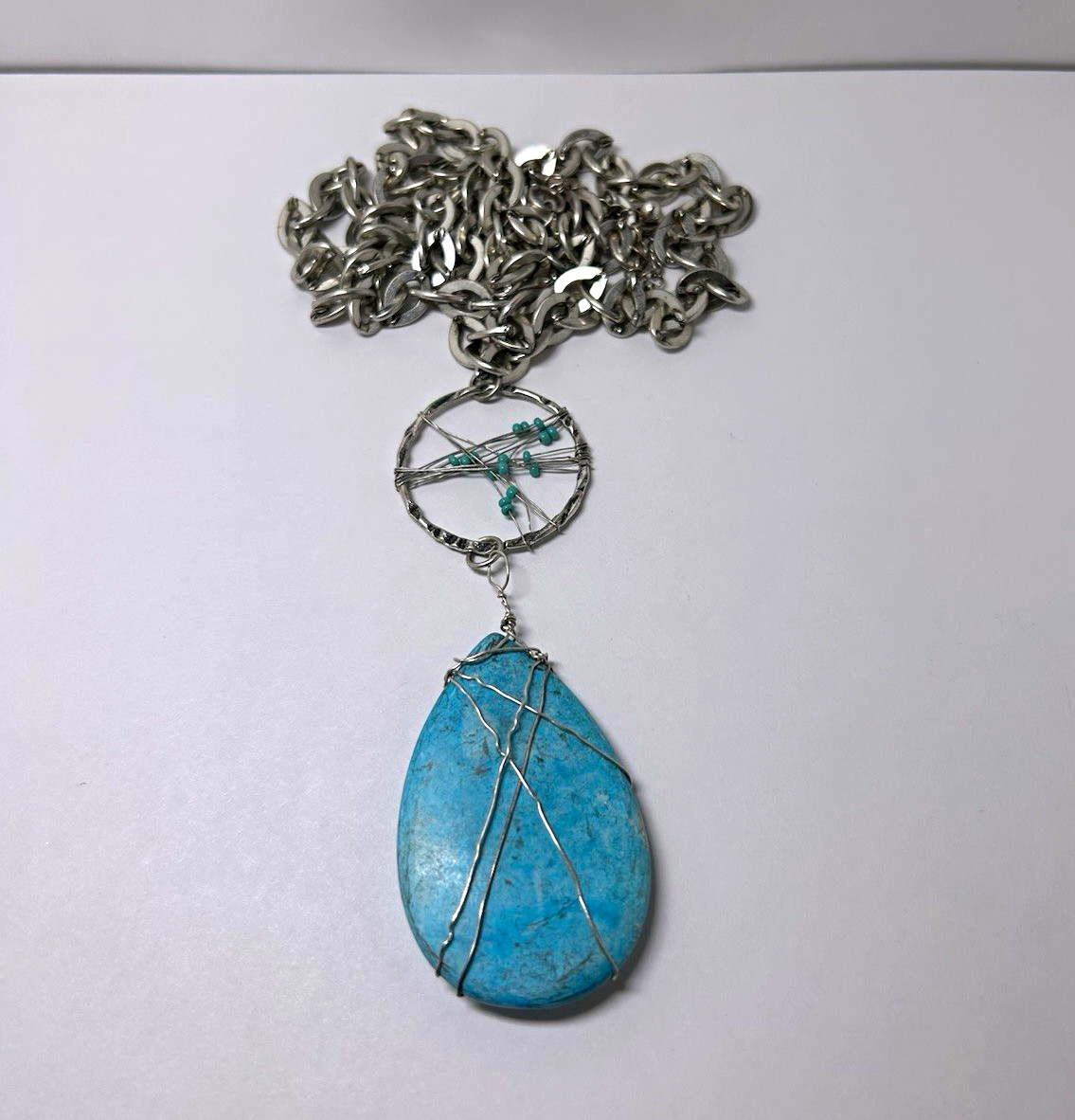 Naturalist Silver Tone Chain Necklace Zen Blue Teardrop Stone Pendant Beatnik