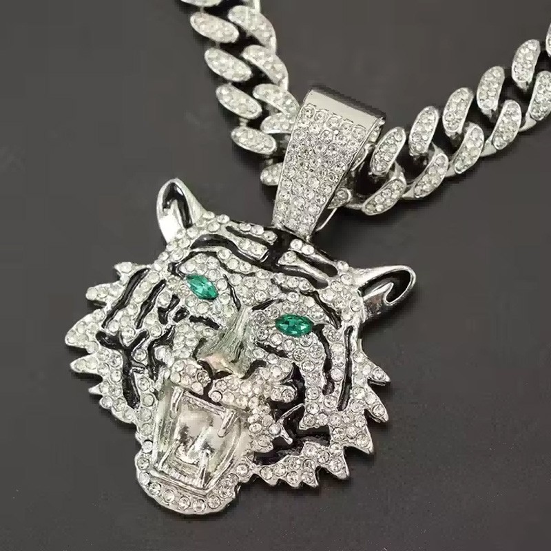 Iced Out Football Tiger Pendant Necklace – 13mm Gold 3D CZ Green Eyes Hip‑Hop Bl