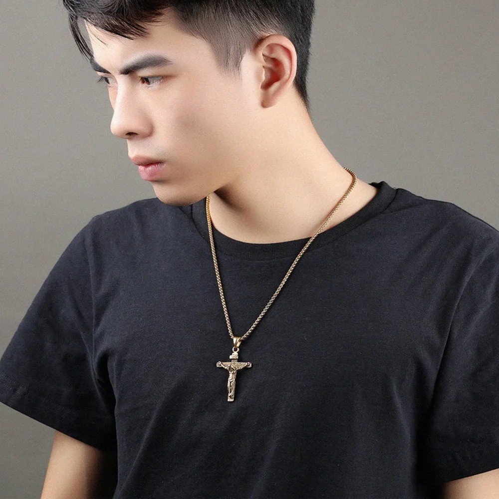 Men Stainless Steel Jesus Christ Crucifix Cross Pendant Chain Necklace