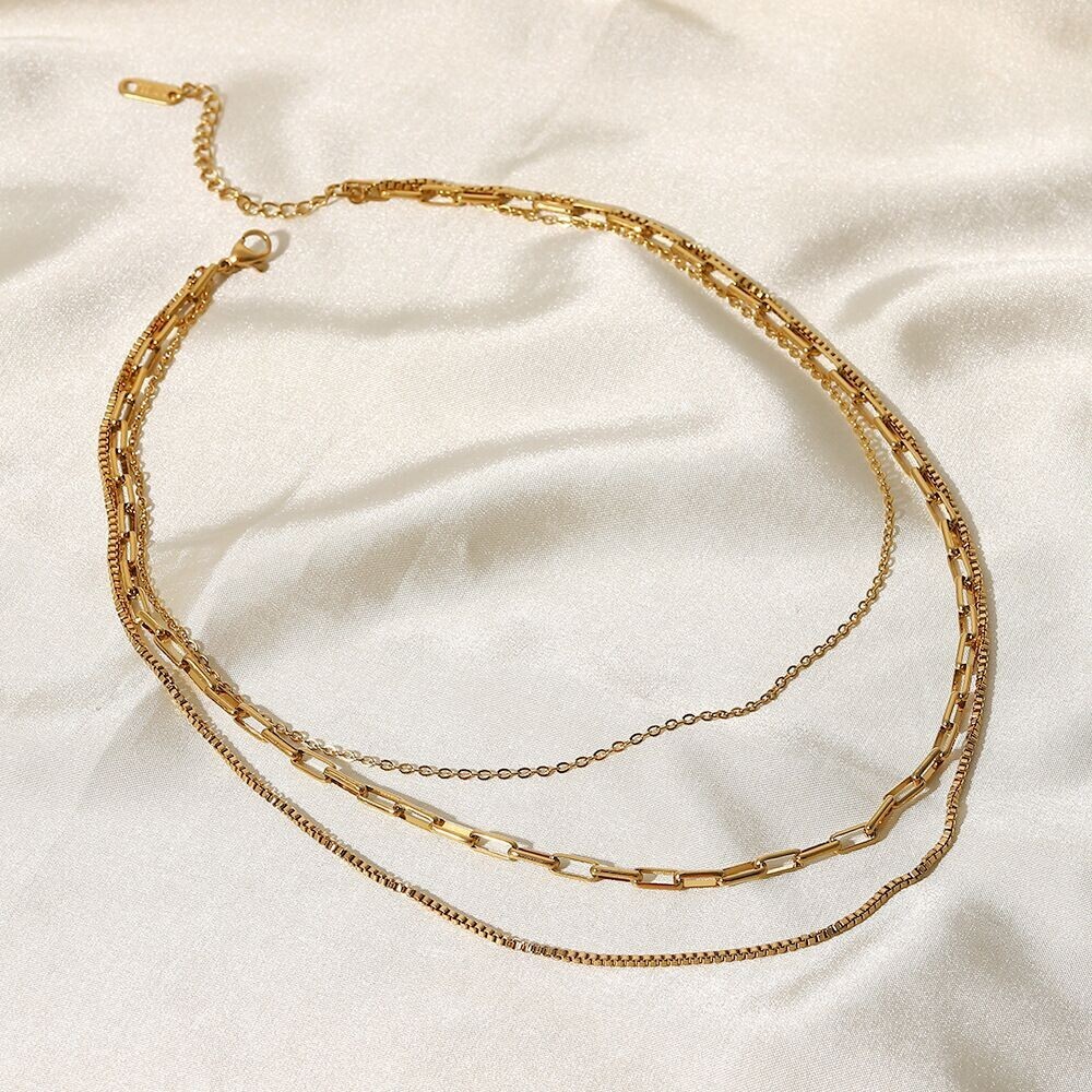 Woman 18K Gold Plated 3 Layer Paper Clip Box Chain Necklace Rolo Link