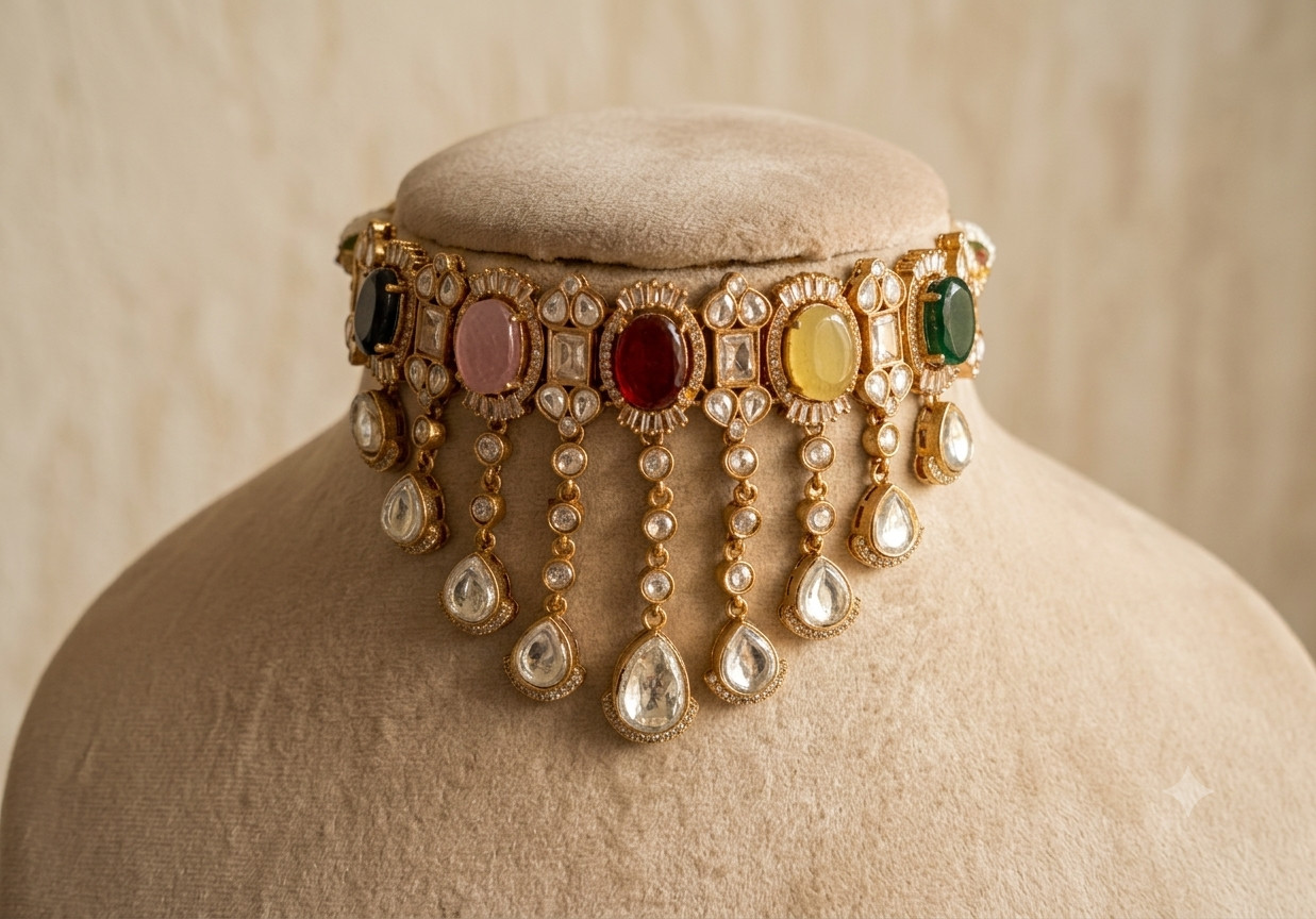 Areej Multicolor Kundan Choker with Teardrop Dangling Stones Roz Jewellers.