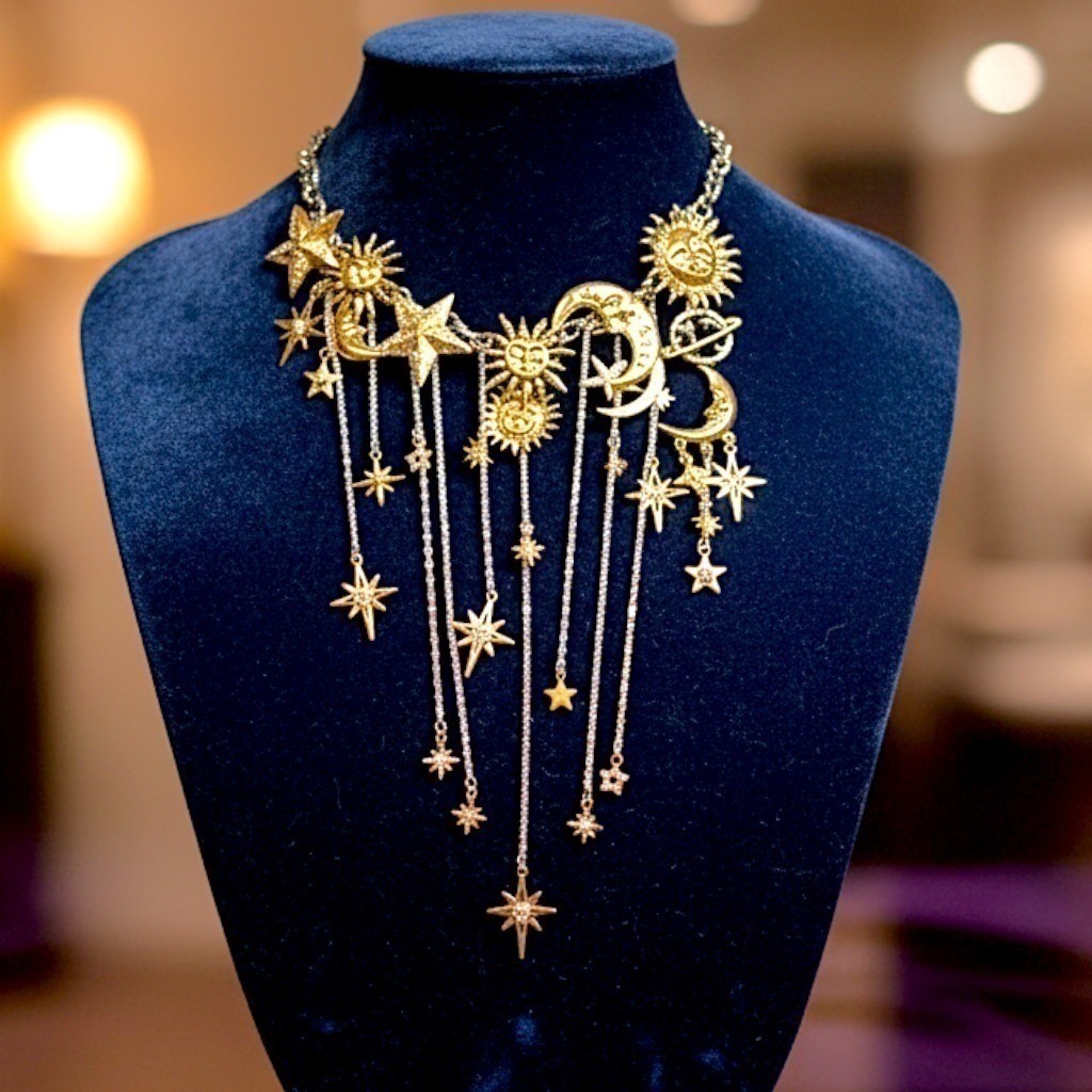 New Celestial Moon Sun Star Dangle Necklace Gold Statement Chunky Ravenclaw
