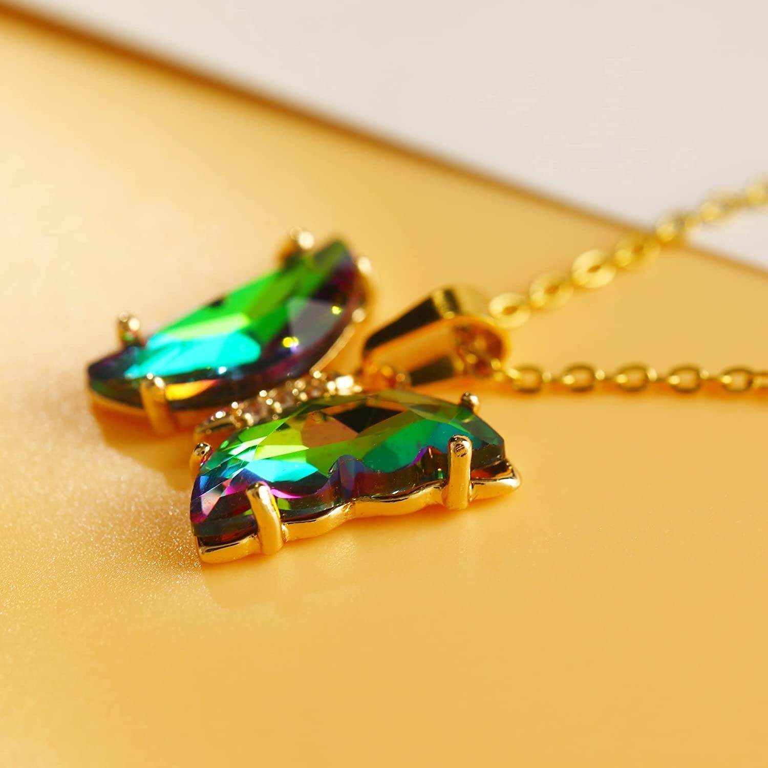 Gold & Green Crystal Butterfly Necklace, New Statement Everyday Necklace, Gift